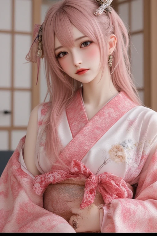 Chinese style, white hair, Chinese clothing, Tang style Hanfu, Hanfu, ((((pink and white skirt)), embroidery, over-the-knee socks, high heels, interior, bed