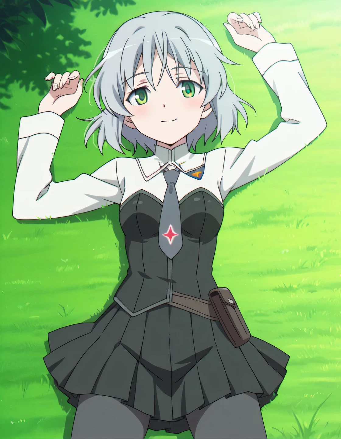 masterpiece, best quality, amazing quality, detailed background, perfect eyes, anime coloring, anime screencap, sanya v. litvyak, grey hair, short hair, small breasts, green eyes, military uniform, long sleeves, grey necktie, black pleated skirt, pantyhose, high quality, solo, on grass, lying, on back, arms up, legs apart, cowboy shot, from above, closed mouth, looking at viewer, smile, best quality