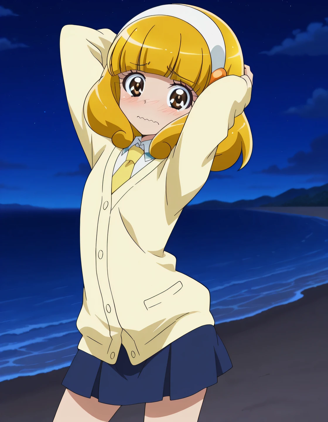 Yayoi, brown eyes, yellow_hair, short_hair, bangs, hairband, white band, small_breasts, short body, school uniform, cardigan, yellow necktie, blue skirt, anime screencap, high quality, closed mouth, solo, cowboy shot, night sky, beach, arms behind head, ((contrapposto)), looking at viewer, wavy mouth, shy, best quality,