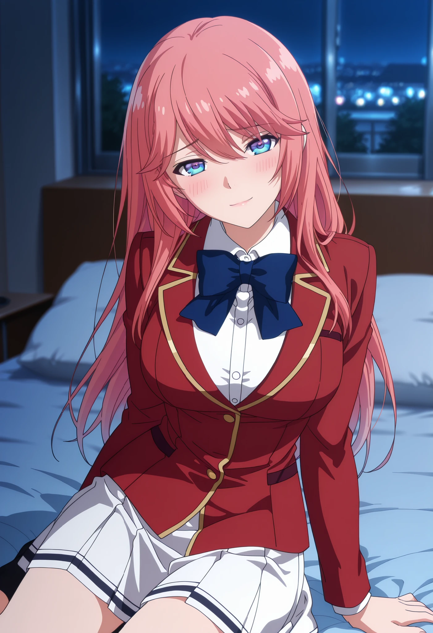 anime screencap, masterpiece, best quality,
1girl, solo, closed mouth,glossy lips, light smile, shy, blush, head tilt, swept bangs, hair between eyes, long hair, pink hair, blue eyes, bare eyes(no glasses), school uniform, red blazer, blue bow, white skirt, yokozuwari, looking at viewer, cowboy shot,indoors, on bed, pillow, night, background, blurry background,
