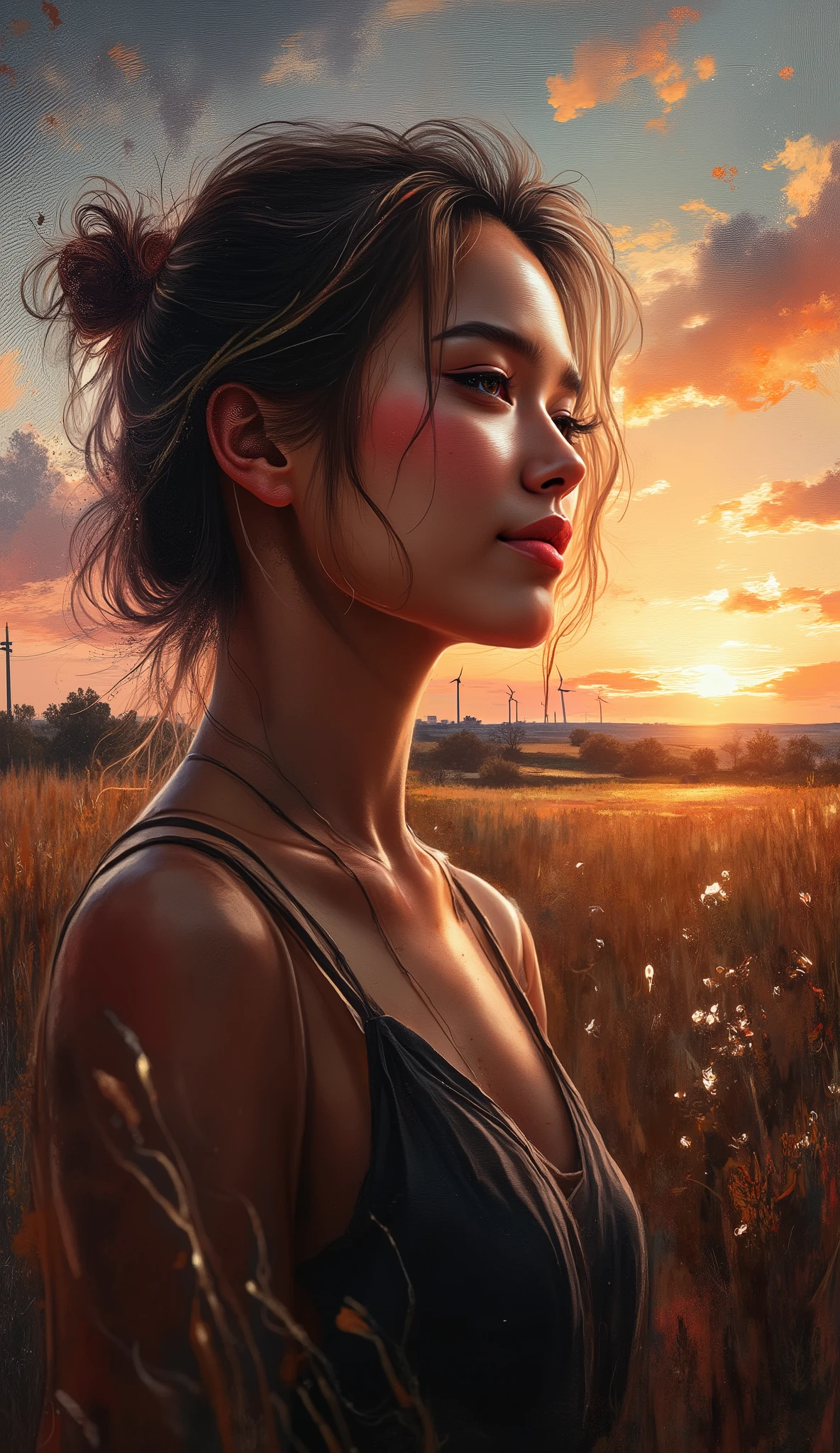 (((Masterpiece, close-up))) Drawn in ink, scratched, splashed, splattered, irregular stroke, squiggly line, atmospheric. Colored with dark, vibrant watercolor, splashes of paint, overspray. Painted on black canvas. Textures of squiggly lines and splashes of paint merge to bring to life the vivid image of a very beautiful, busty, slender young woman, two twins who look alike, with messy buns, standing in a meadow in a wide, flat rural landscape, watching the sunset.
The Vietnamese woman has flushed cheeks. She is wearing a strapless T-shirt and shorts. Her face displays a self-forgetful smile.
Background: A flat, North German landscape in midsummer with the silhouettes of wind turbines on the horizon against the backdrop of the sunset.
Overexposure effect. Warm sunsets highlight the Vietnamese woman's very facial and body features.
Masterpiece, gorgeous, beautiful, impressive, breathtaking, evocative, voluptuous, aesthetic, unique, HD, style by Zettel