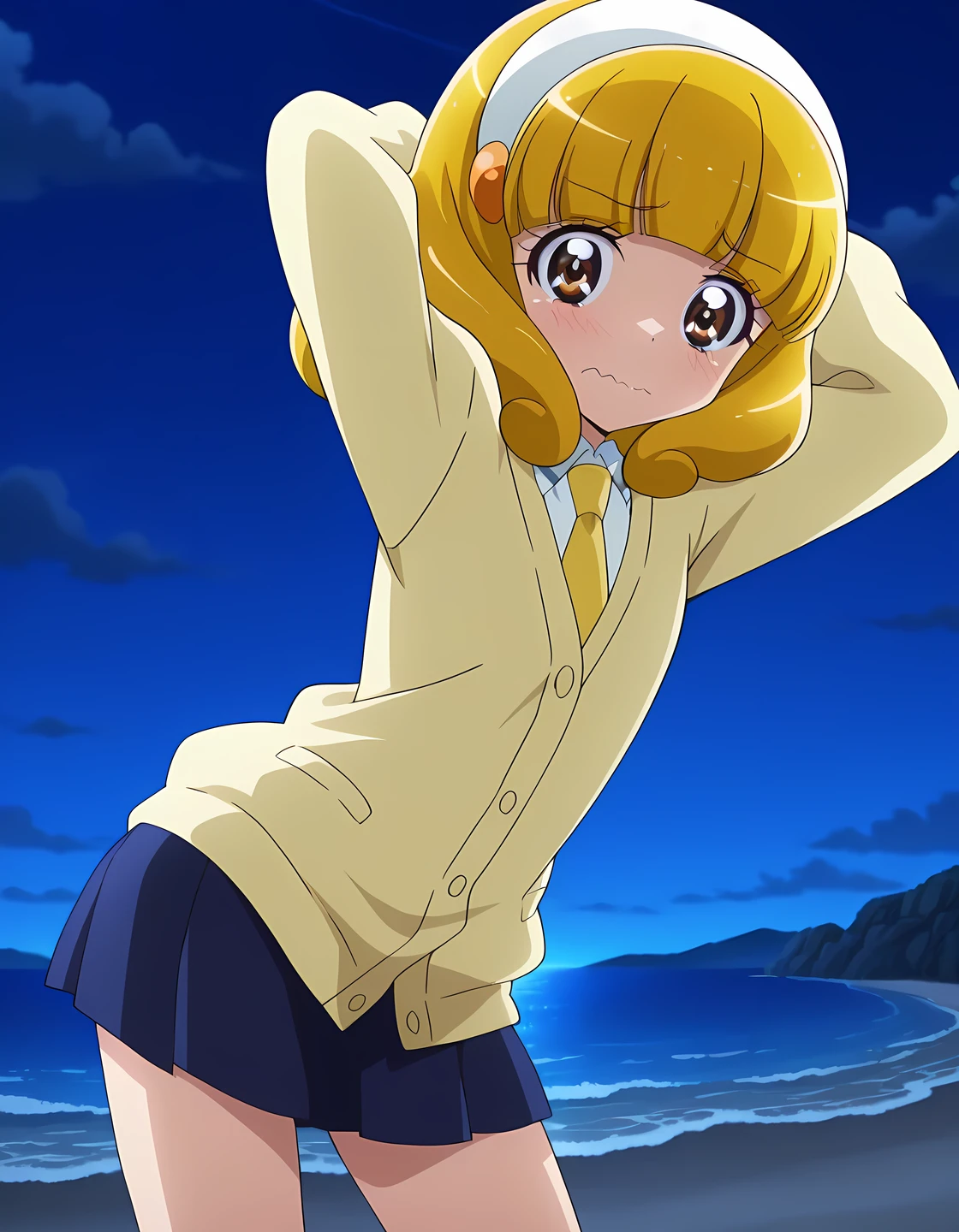 Yayoi, brown eyes, yellow_hair, short_hair, bangs, hairband, white band, small_breasts, short body, school uniform, cardigan, yellow necktie, blue skirt, anime screencap, high quality, closed mouth, solo, cowboy shot, night sky, beach, hands behind head, ((contrapposto)), looking at viewer, wavy mouth, shy, best quality,