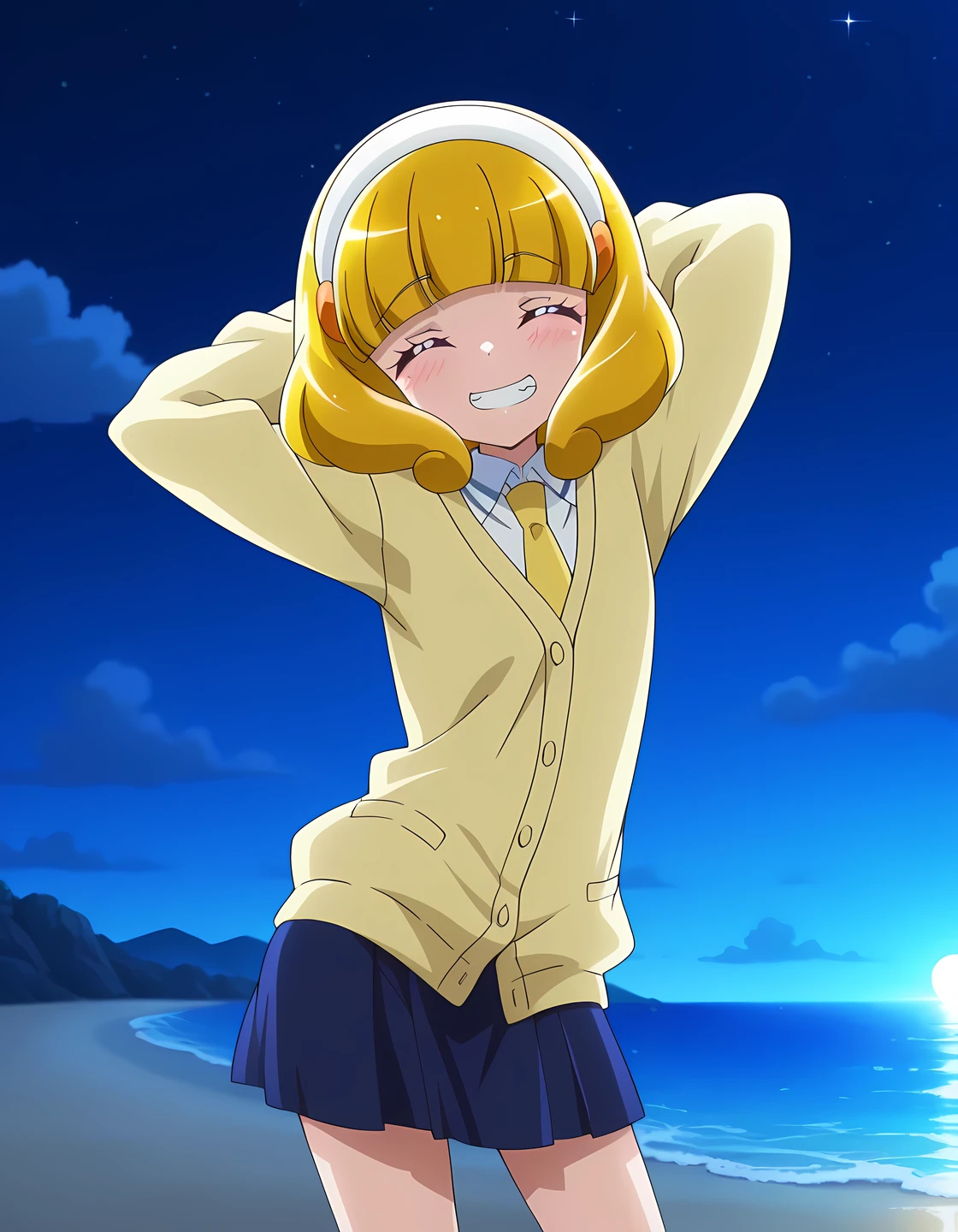 Yayoi, closed eyes, yellow_hair, short_hair, bangs, hairband, white band, small_breasts, short body, school uniform, cardigan, yellow necktie, blue skirt, anime screencap, high quality, closed mouth, solo, cowboy shot, night sky, beach, arms behind head, ((contrapposto)), looking at viewer, grin, shy, best quality,