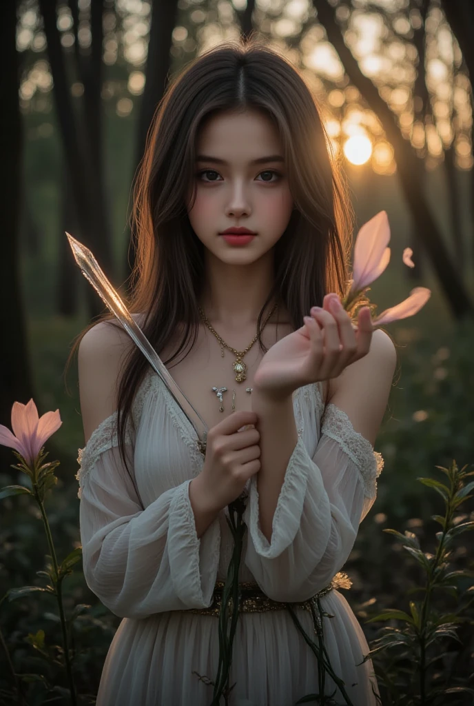 A young girl sits on the grass with an ankle injury, she draws energy from the surrounding grass, wounds, and closes her eyes