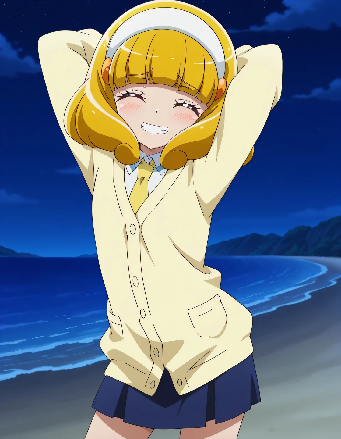 Yayoi, closed eyes, yellow_hair, short_hair, bangs, hairband, white band, small_breasts, short body, school uniform, cardigan, yellow necktie, blue skirt, anime screencap, high quality, closed mouth, solo, cowboy shot, night sky, beach, arms behind head, ((contrapposto)), looking at viewer, grin, shy, best quality,