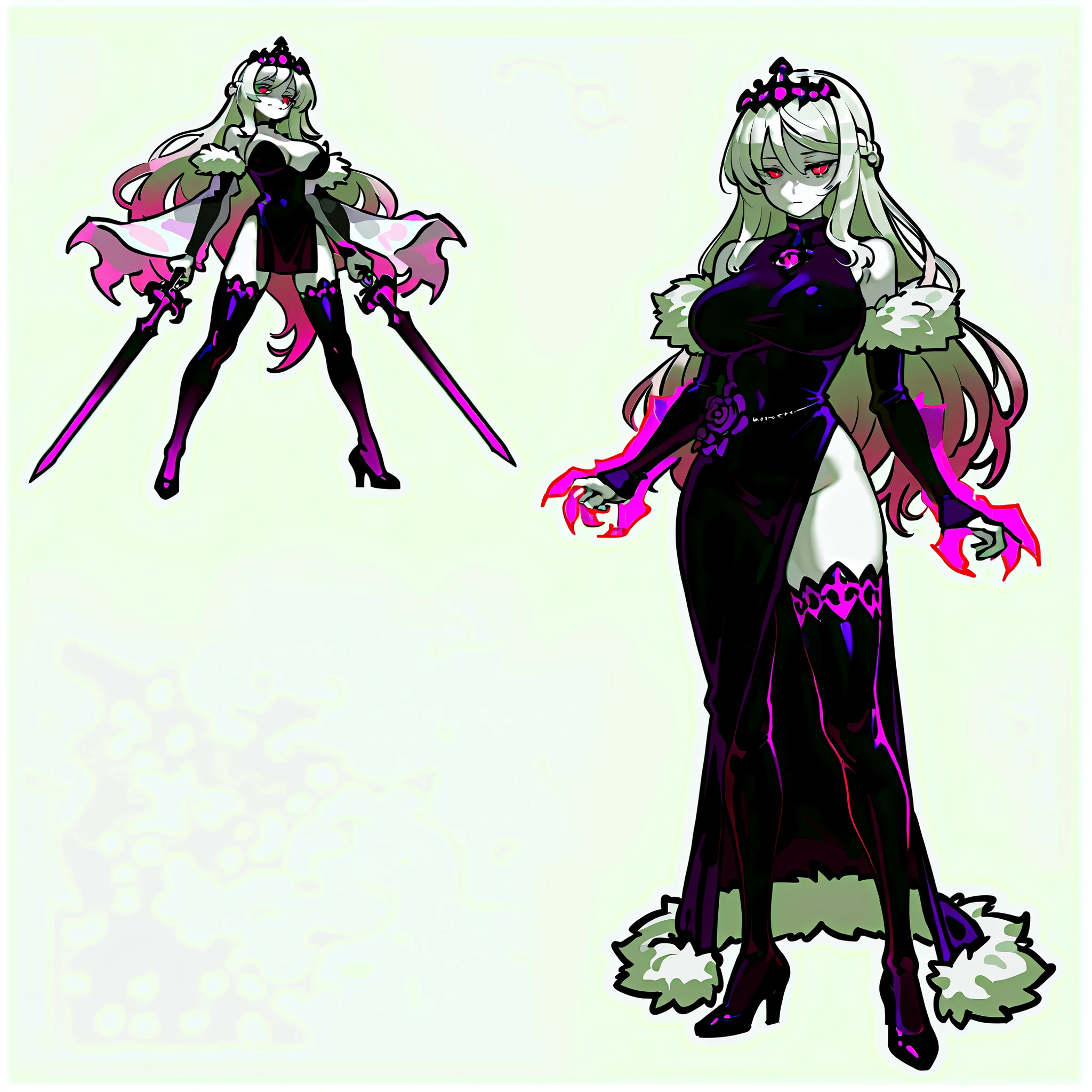 (((masterpiece))), (((Best Quality))), ((Ultra-detailed)), (High-Definition anime Illustration), ((extremely delicate and beautiful)), solo, Full body, wightmge, fantasy undead wight fighter girl, white shaggy hair, long hair, very long hair, gradient hair, braid, red eyes,calcified blind eyes, large breasts,  pale skin and mummified flesh!  colored skin, white skin, purple dress, side slit, purple thigh-highs, jewelry, purple rose, high heels, tiara, fur trim, extra arms, see-through arms, see-through gauntlets, clawed gauntlets, ((she is held both hands with twin swords)),(muscular)(Character Focus),highly detailed, Colorful, wearing ragged fighter gear and distorted mournful black dress, full body standing, Whole body, (((white background)))