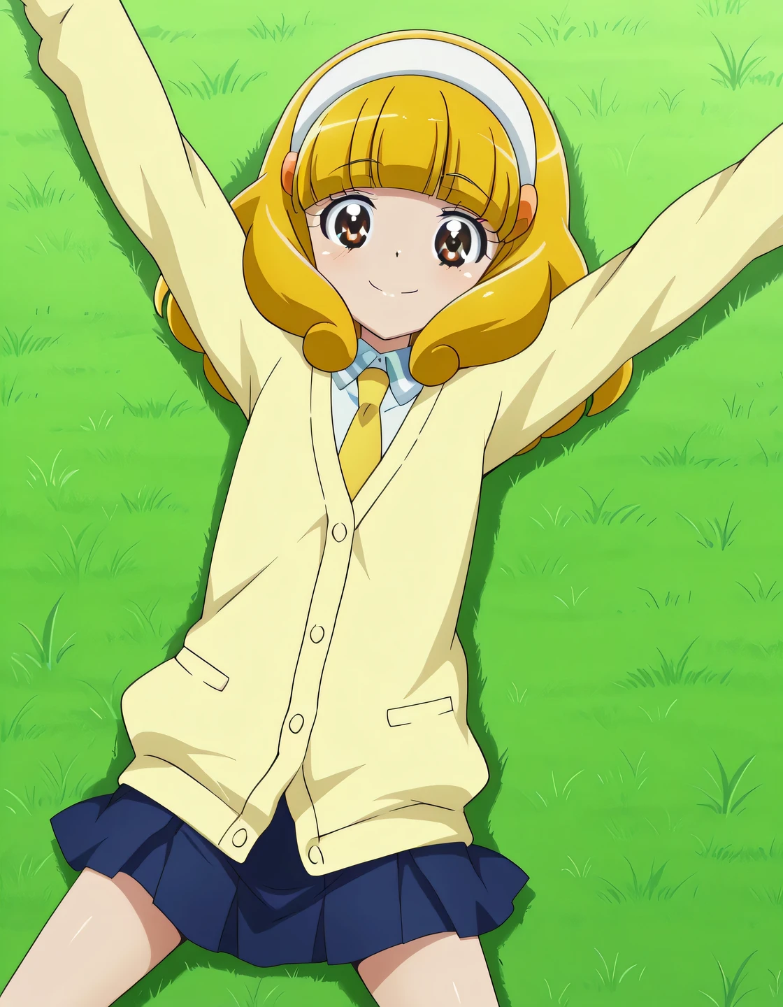 Yayoi, brown eyes, yellow_hair, short_hair, bangs, hairband, white band, small_breasts, short body, school uniform, cardigan, yellow necktie, blue skirt, anime screencap, high quality, solo, lying, on back, from above, on grass, arms up, , cowboy shot, closed mouth, looking at viewer, smile, best quality