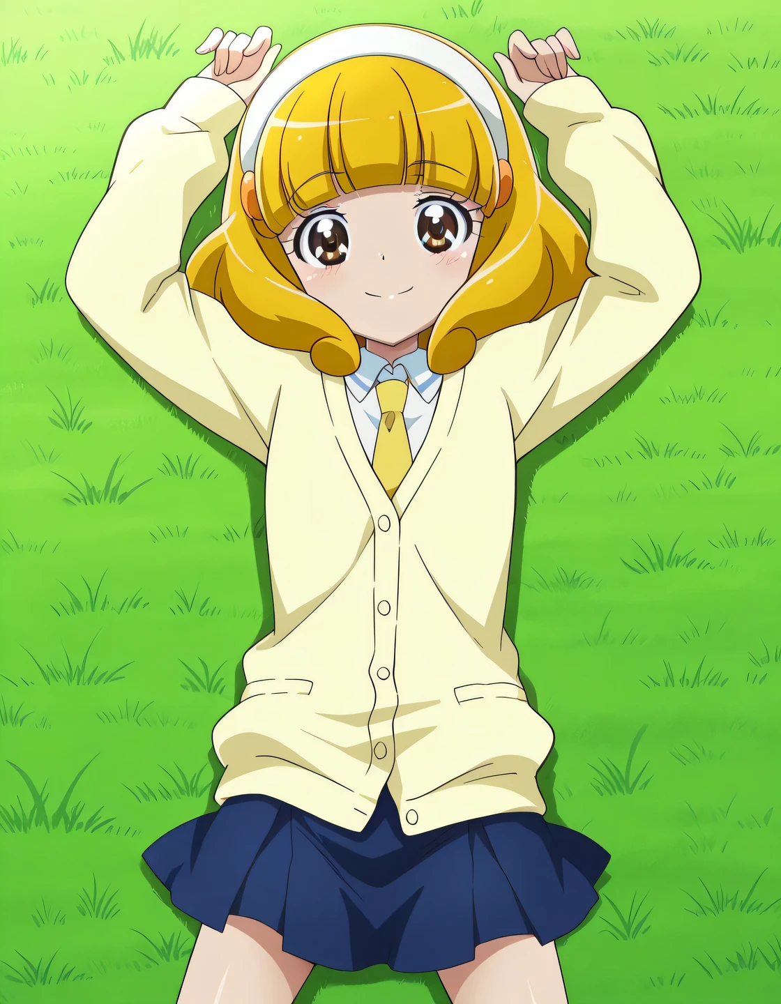 Yayoi, brown eyes, yellow_hair, short_hair, bangs, hairband, white band, small_breasts, short body, school uniform, cardigan, yellow necktie, blue skirt, anime screencap, high quality, solo, lying, on back, from above, on grass, arms up, legs apart, cowboy shot, closed mouth, looking at viewer, smile, best quality