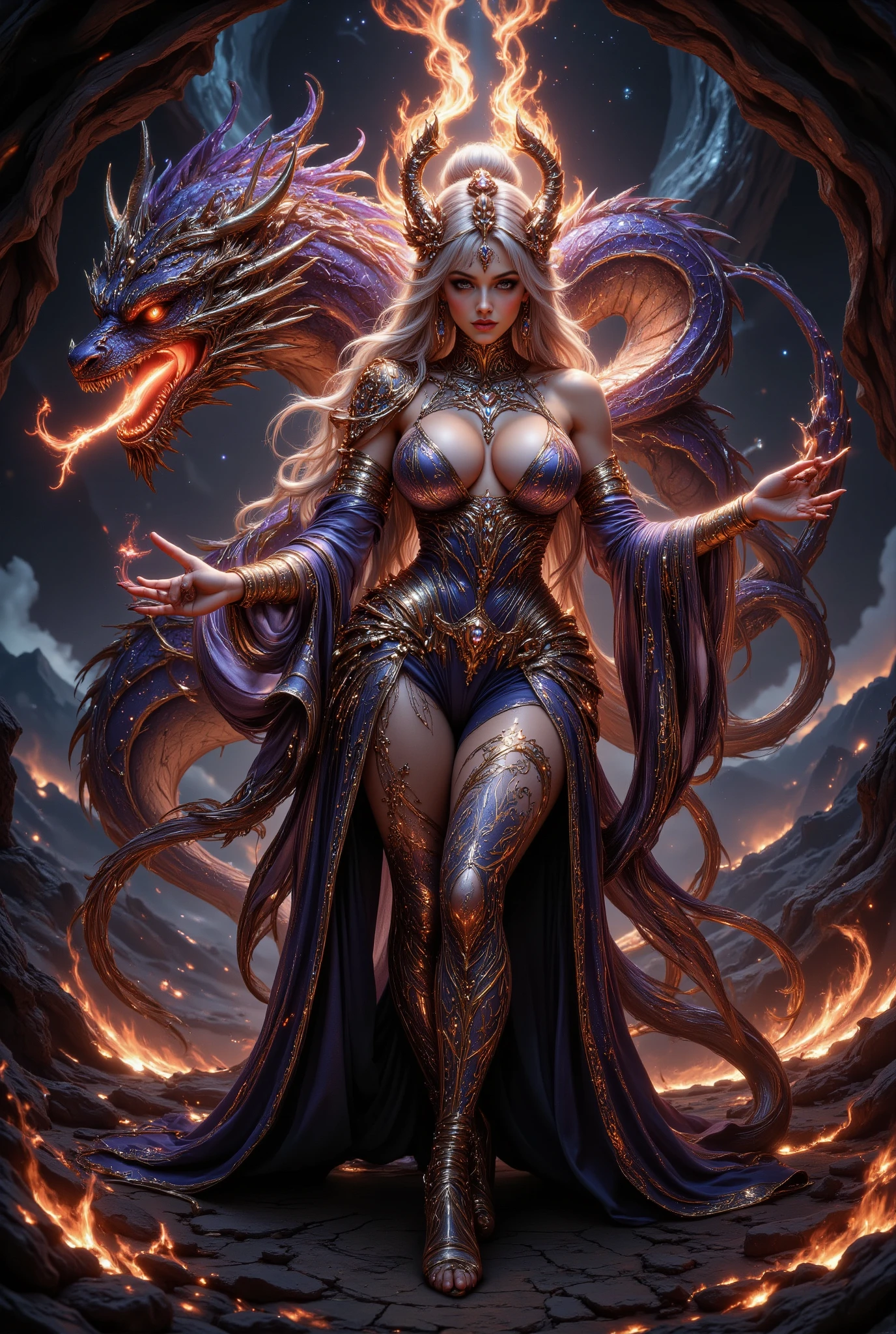 Generate an image of a dragon Queen facing the viewer , A fierce Dragon behind her breathing fire