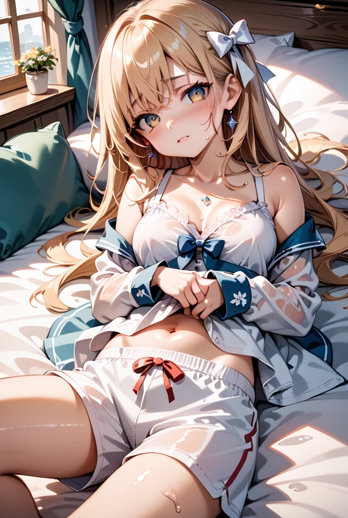 (masterpiece:1.2, top-quality), beautiful illustration, ????, looking at viewer, cowboy shot, front view:0.6, 1 girl, japanese, high school girl, perfect face, cute and symmetrical face, shiny skin, (long hair:1.8, straight hair:1.7, shiina mahiru), asymmetrical bangs, (?????????????:1.1, thick thigheautiful hair, beautiful face, beautiful eyes, winking, open mouth, beautiful clavicle, beautiful body, beautiful ?????, beautiful thigh, beautiful legs, beautiful fingers, ((bra, lingerie,, ?????????, pleaded skirt, white panties, white thighhighs, visible panties, skirt removed)), pink panties, beautiful scenery), ((???????? in thighhighs, thighvibe)), (choker, flower hair ornament), (((cbedroom, lying on bed, on back, ??????, gom_pack))), (hand covering mouth, seducing, blush)