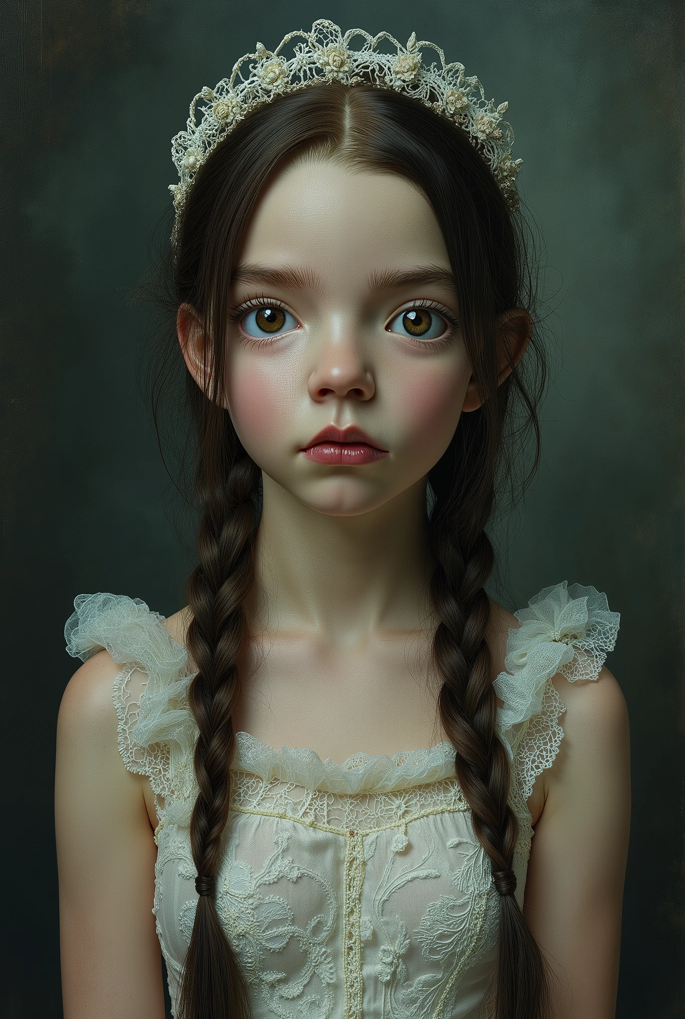 Mark Ryden-style portrait of an innocent  with a sad face and huge breasts, high quality,masterpiece,ultra-detallado,photorealistic,studio lighting,hdr,vivid tones ,dark color palette,parts,braids,Big eyes,melancholic expression,white lace dress,gloomy background,mystical atmosphere,oil texture