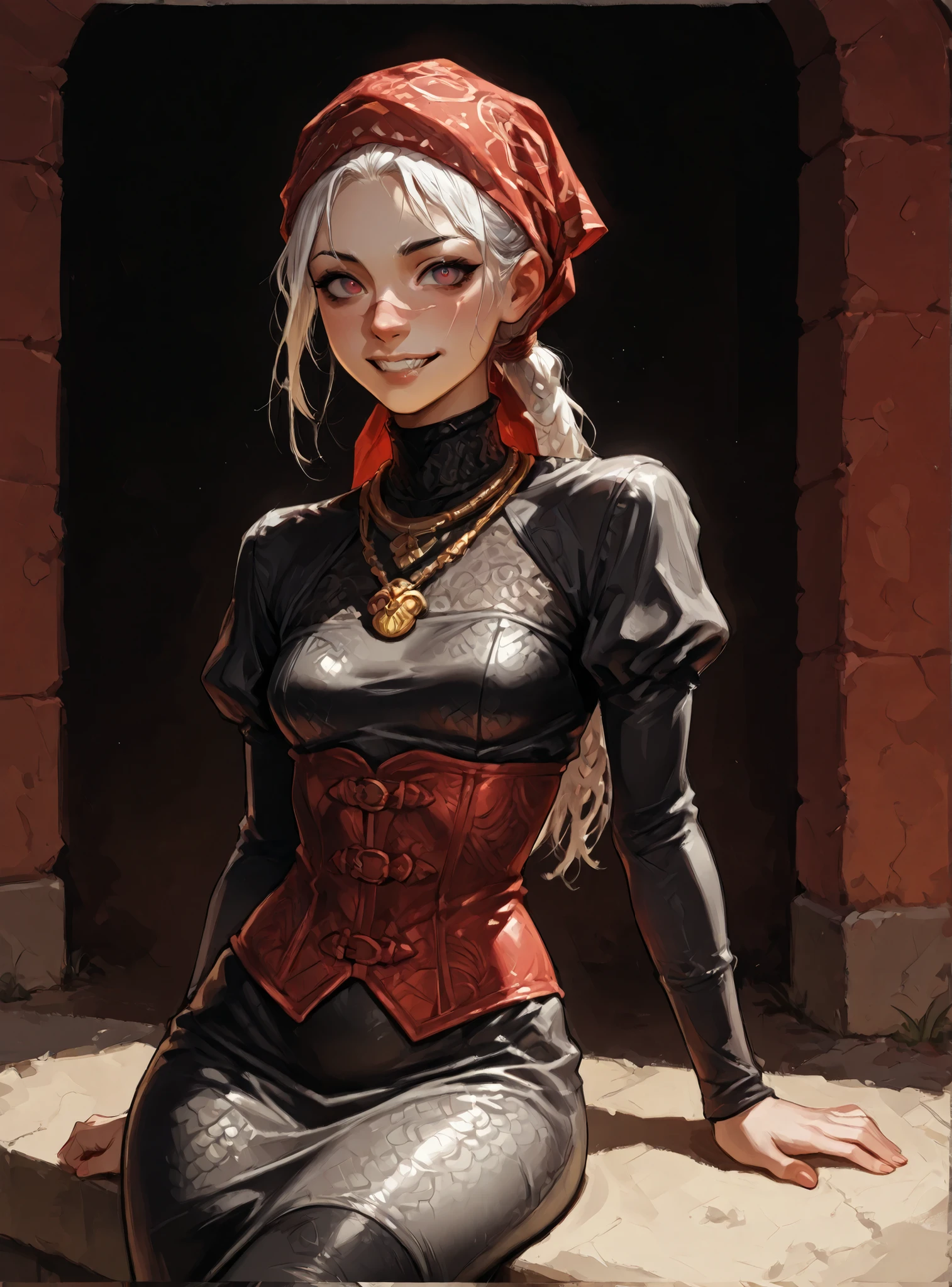 She looks like Elena from Street Fighter and has a horizontal scar across her nose. White skin. Inca girl with white dreadlocks and ponytail, deep red-coloured eyes, slanted Asian eyes, sharp canine teeth, black eyeliner, athletic body and soft abs. Slender and athletic. Cute, round and young face. White highlights in her hair. She wears a shiny red, fine (intricate) leather dress (snakeskin pattern), with red flower stitchings and ornaments, puffed sleeves and snakeskin-pattern, red corset with black lacing. A red headscarf. She also wears an amber necklace. She has small breasts. She has a small smile on her face. Atmospheric lighting. Looking at the viewer. Background: Spanish medieval town, hdr colours,