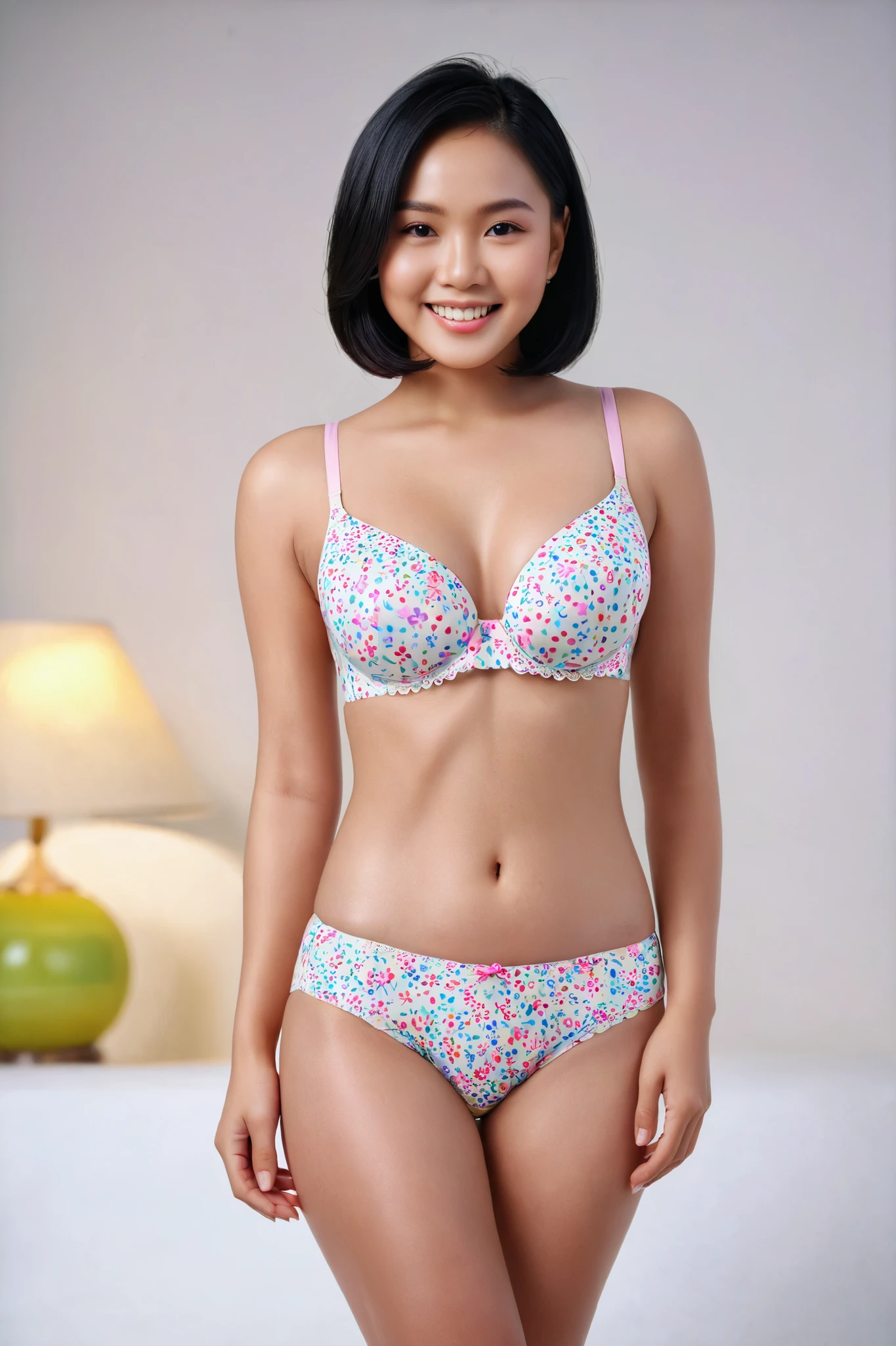 high quality, masterpiece, ultra-detailed, 8K, professional full body shot model, gorgeous young indonesian girl, light brown skin tone, hourglass figure, medium breast, flawless porcelain skin without blemishes, radiant complexion, elegant pose, smile, high contrast, soft shadows, key light, simple studio background, shallow depth of field, black bob cut hairstyle, perfect composition, immaculate skin texture, jyojipan ,printed panties, printed bra