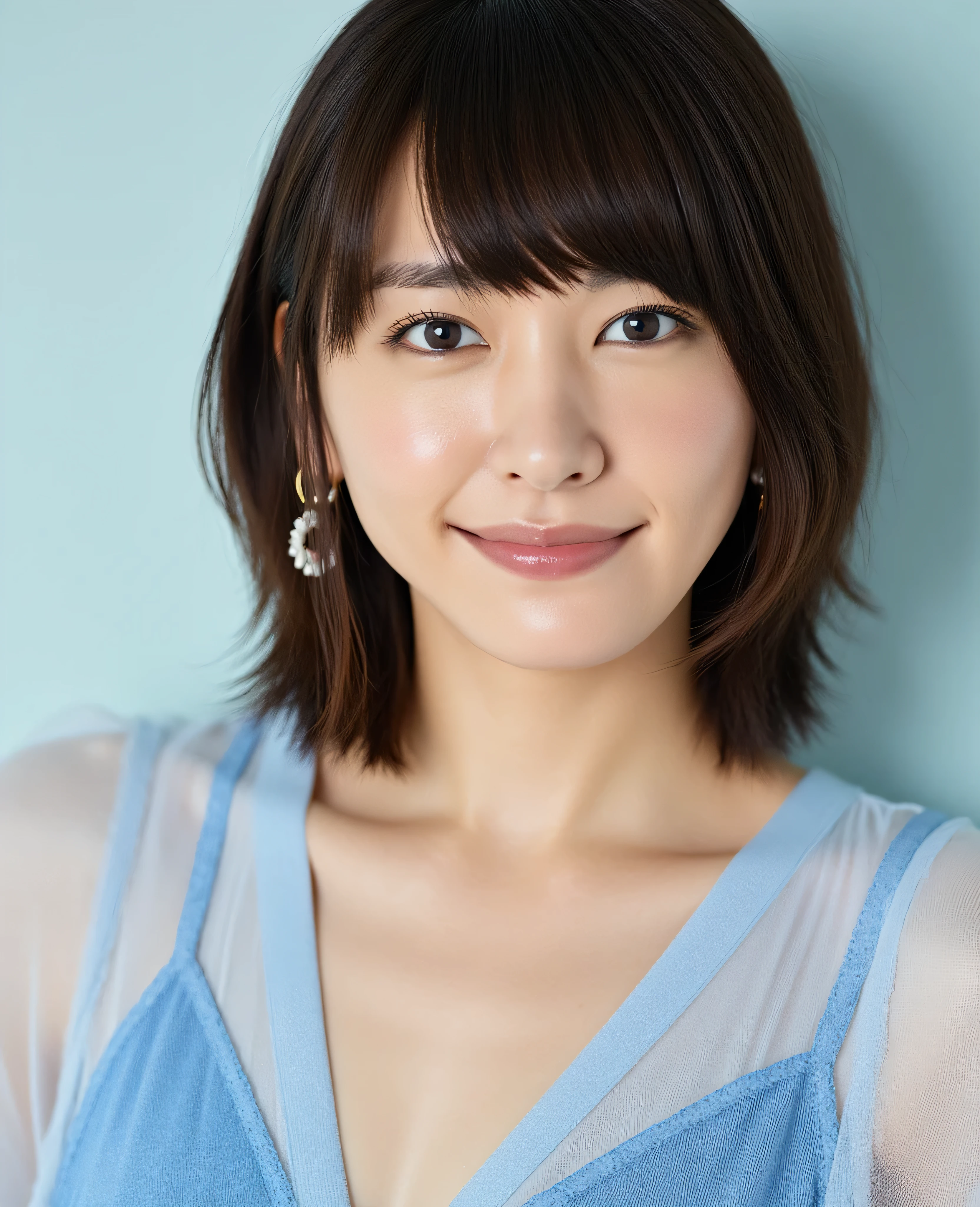 Facial close-up, a sharp focus 35mm photo of a young Asian woman named Suzu. She has a fair complexion and straight, shoulder-length hair with bangs framing her face. Her facial features are delicate, with a small nose, full lips, and large, dark eyes that have a subtle, natural makeup look. She looked at the camera with a smile on her face. She is wearing a loose, blue and sheer, silk V-neck, white fishnet top, which reveals glimpses of a light blue camisole underneath. The texture of the fishnet fabric adds a trendy, casual vibe to her outfit. She accessorizes with small, dangling earrings that have a delicate, floral design.