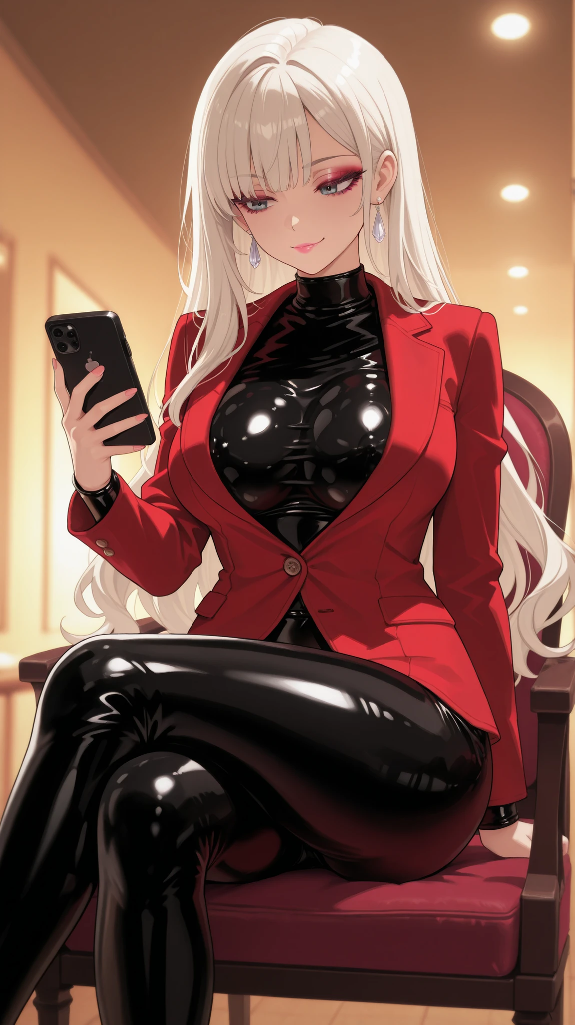 Anime-style woman sitting on a fancy chair in a well lit room. her eyes stares at her phone looking bored. she stares at her phone with a bored expression. She wears a glossy black latex catsuit that hugs her exaggerated hourglass curves and enhances her voluptuous figure. The Latex goes over her . She wears a red jacket with one button. Her red jacket has one single button. Her hair is platinum blonde and styled in long wavy layers, her makeup is bold with thick lashes and glossy pink lips. The room is ambient, Fancy, and stylish, with warm golden lights and blurred background. She stares at her phone with a bored, casual expression. Highly detailed latex reflections, warm lighting, open red jacket with one button, one button, smirk, legs crossed, platinum blonde hair color, silver earrings, bimbo aesthetic, soft background, intimate and stylish mood." The latex goes over her with no holes and no buttons. the jacket opens up to show the latex, the jacket has one button