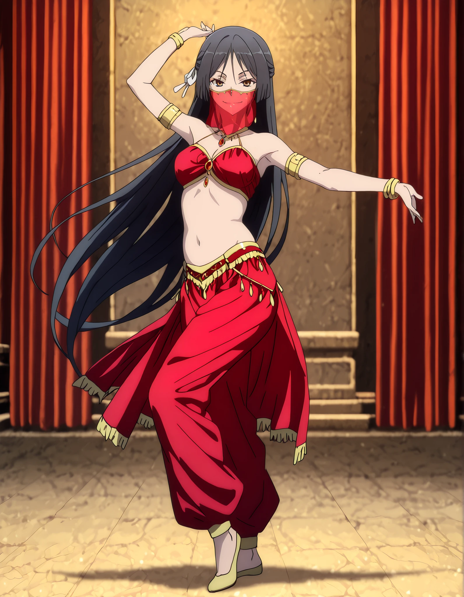 (1girl:1 . 5) , (Seul:1 . 5) , score_9 , score_8_haut , score_7_haut , source_anime , Official work , ultra-detailed , masterpiece , better quality , high resolution , beaux yeux , detailed eyes , Detailed face , beautiful detailed eyes,long hair, black hair, brown eyes, very long hair, hair ribbon,Trinity Seven,Akio Fudou,Arabian Clothes , Arabian Dancer Outfit ,belly dancer costume,belly dancer outfit ,full body,golden jewelery,mouth veil,armlet, belly dancing,arabian theater,seductive smile, dancing with veil, dynamic movement,dance posture, seductive pose