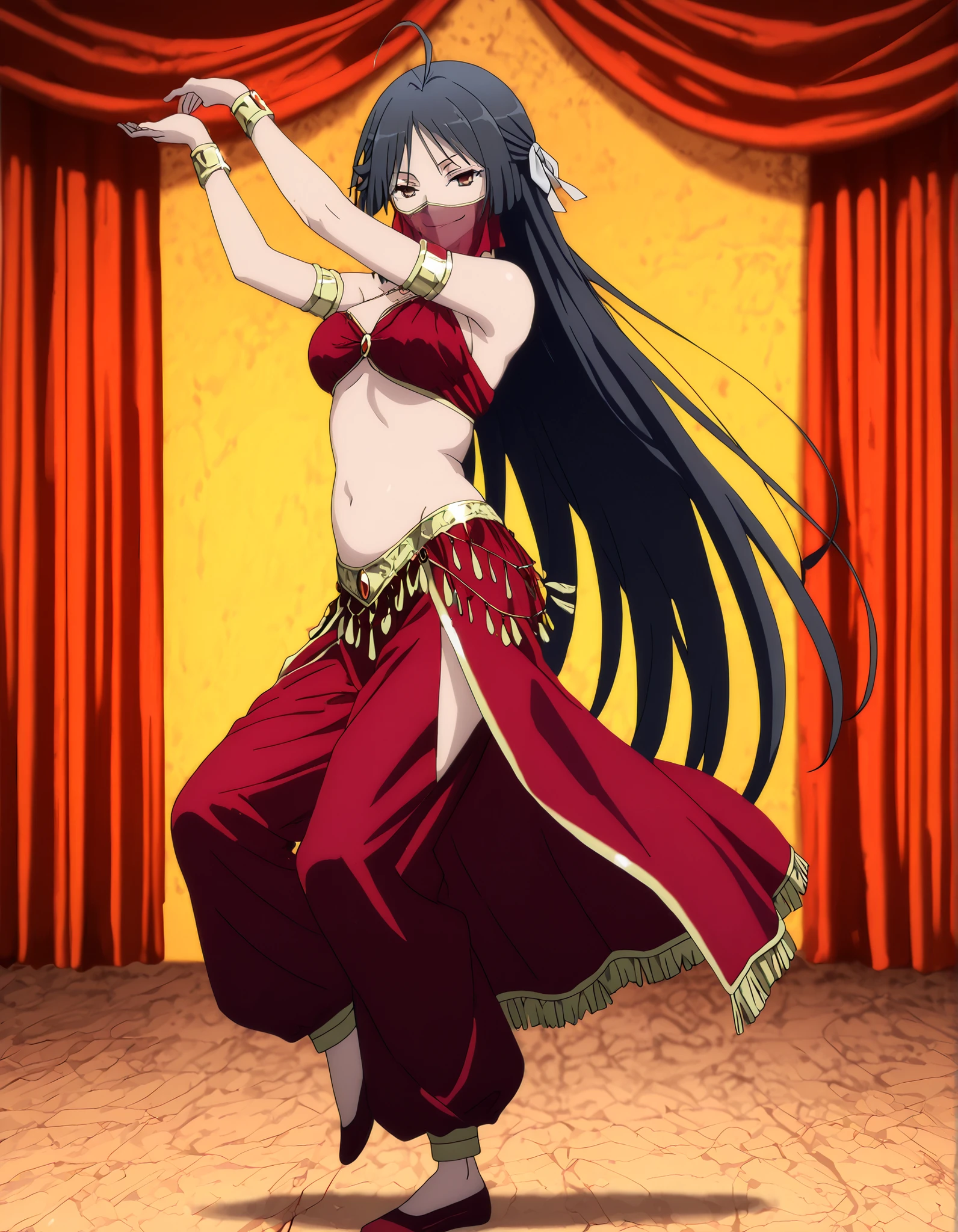 (1girl:1 . 5) , (Seul:1 . 5) , score_9 , score_8_haut , score_7_haut , source_anime , Official work , ultra-detailed , masterpiece , better quality , high resolution , beaux yeux , detailed eyes , Detailed face , beautiful detailed eyes,long hair, black hair, brown eyes, very long hair, hair ribbon,Trinity Seven,Akio Fudou,Arabian Clothes , Arabian Dancer Outfit ,belly dancer costume,belly dancer outfit ,full body,golden jewelery,mouth veil,armlet, belly dancing,arabian theater,seductive smile, dancing with veil, dynamic movement,dance posture, seductive pose