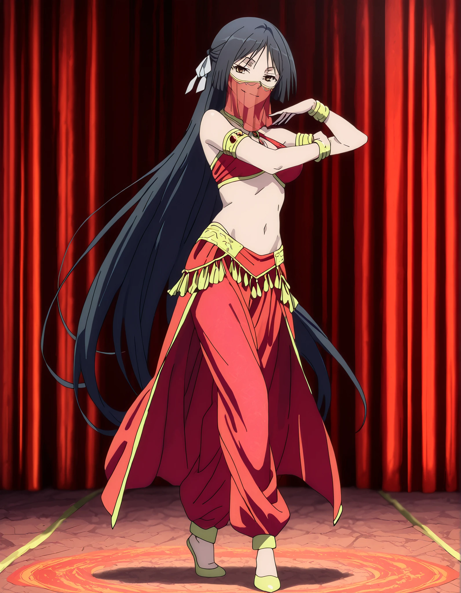 (1girl:1 . 5) , (Seul:1 . 5) , score_9 , score_8_haut , score_7_haut , source_anime , Official work , ultra-detailed , masterpiece , better quality , high resolution , beaux yeux , detailed eyes , Detailed face , beautiful detailed eyes,long hair, black hair, brown eyes, very long hair, hair ribbon,Trinity Seven,Akio Fudou,Arabian Clothes , Arabian Dancer Outfit ,belly dancer costume,belly dancer outfit ,full body,golden jewelery,mouth veil,armlet, belly dancing,arabian theater,seductive smile, dancing with veil, dynamic movement,dance posture, seductive pose