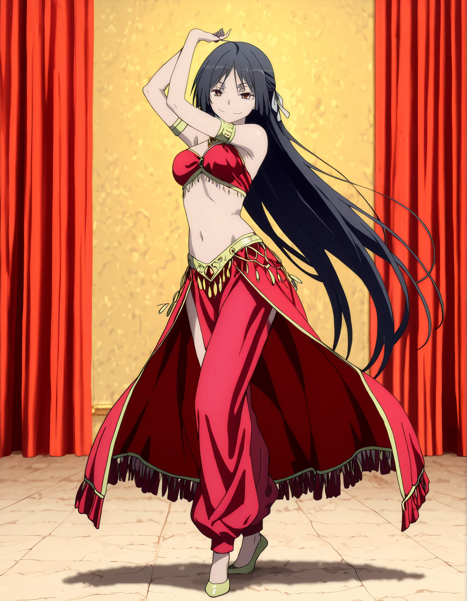 (1girl:1 . 5) , (Seul:1 . 5) , score_9 , score_8_haut , score_7_haut , source_anime , Official work , ultra-detailed , masterpiece , better quality , high resolution , beaux yeux , detailed eyes , Detailed face , beautiful detailed eyes,long hair, black hair, brown eyes, very long hair, hair ribbon,Trinity Seven,Akio Fudou,Arabian Clothes , Arabian Dancer Outfit ,belly dancer costume,belly dancer outfit ,full body,golden jewelery,armlet, belly dancing,arabian theater,seductive smile, dancing with veil, dynamic movement,dance posture, seductive pose