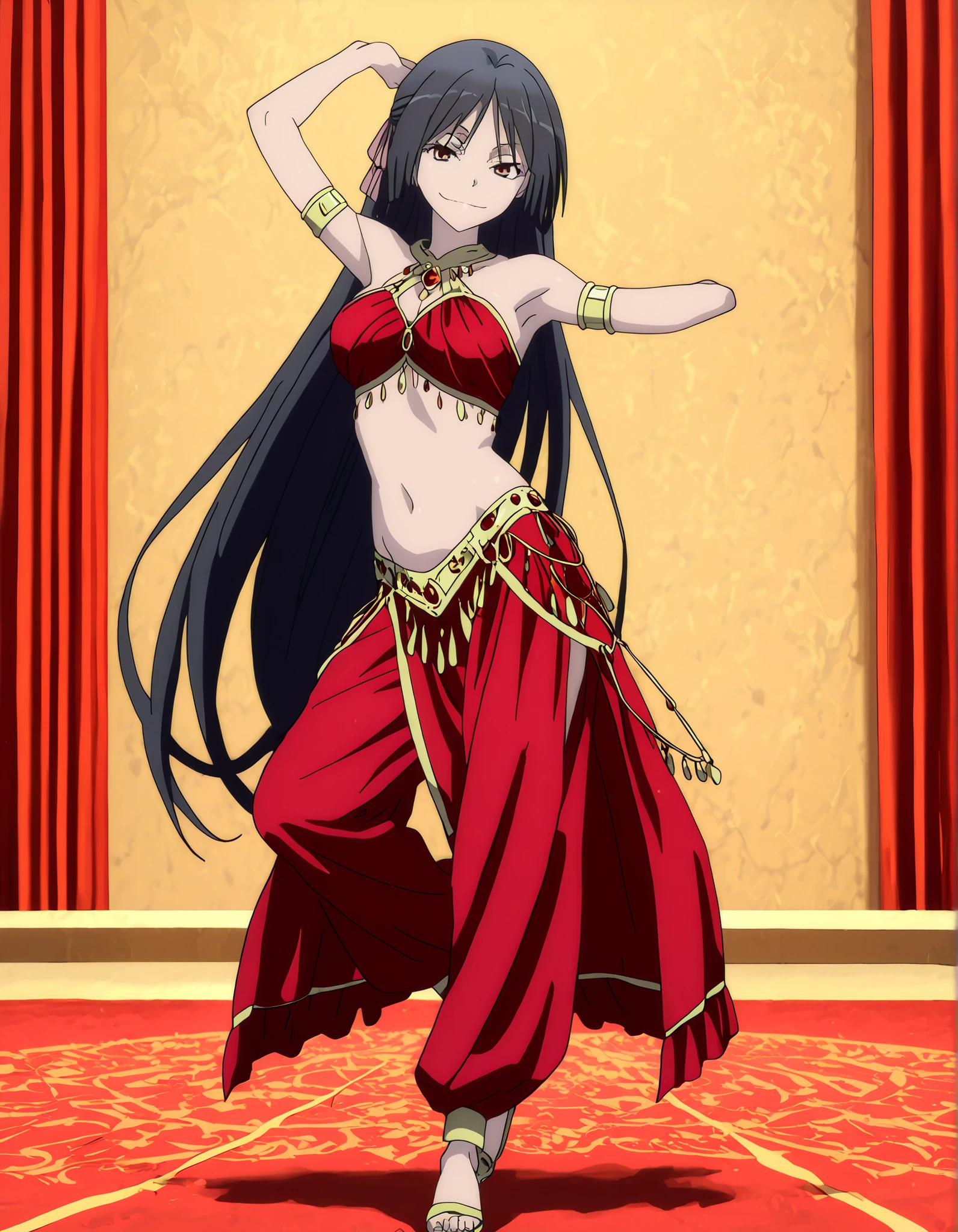 (1girl:1 . 5) , (Seul:1 . 5) , score_9 , score_8_haut , score_7_haut , source_anime , Official work  , ultra-detailed , masterpiece , better quality , high resolution , beaux yeux , detailed eyes , Detailed face , beautiful detailed eyes,long hair, black hair, brown eyes, very long hair, hair ribbon,Trinity Seven,Akio Fudou,Arabian Clothes , Arabian Dancer Outfit ,belly dancer costume,belly dancer outfit ,full body,golden jewelery,armlet, belly dancing,arabian theater,seductive smile, dancing with veil, dynamic movement,dance posture, seductive pose