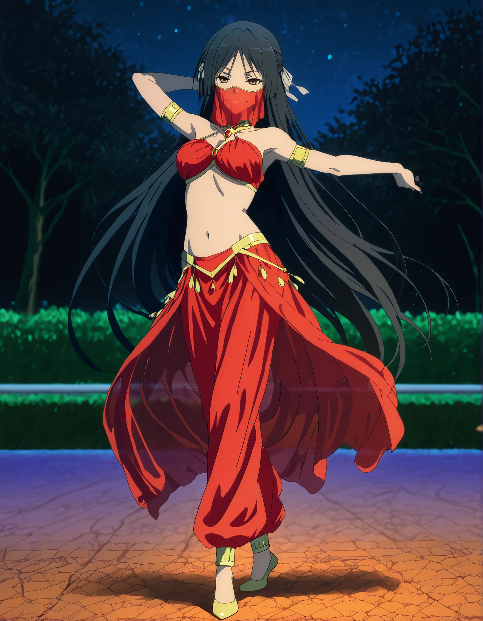 (1girl:1 . 5) , (Seul:1 . 5) , score_9 , score_8_haut , score_7_haut , source_anime , Official work , ultra-detailed , masterpiece , better quality , high resolution , beaux yeux , detailed eyes , Detailed face , beautiful detailed eyes,long hair, black hair, brown eyes, very long hair, hair ribbon,Trinity Seven,Akio Fudou,Arabian Clothes , Arabian Dancer Outfit ,belly dancer costume,belly dancer outfit ,full body,golden jewelery,mouth veil,armlet, belly dancing,night,arabian garden,seductive smile, dancing with veil, dynamic movement,dance posture, seductive pose