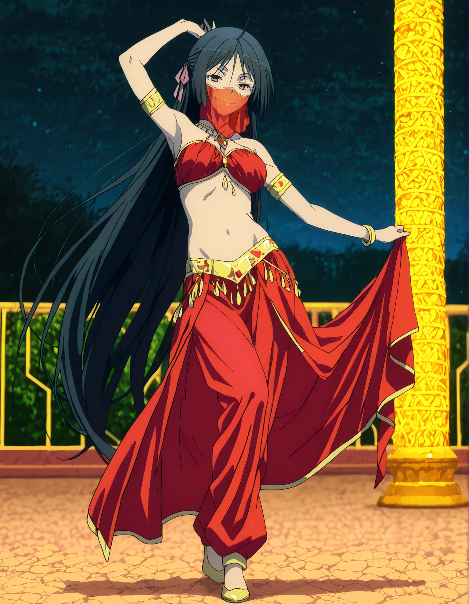 (1girl:1 . 5) , (Seul:1 . 5) , score_9 , score_8_haut , score_7_haut , source_anime , Official work , ultra-detailed , masterpiece , better quality , high resolution , beaux yeux , detailed eyes , Detailed face , beautiful detailed eyes,long hair, black hair, brown eyes, very long hair, hair ribbon,Trinity Seven,Akio Fudou,Arabian Clothes , Arabian Dancer Outfit ,belly dancer costume,belly dancer outfit ,full body,golden jewelery,mouth veil,armlet, belly dancing,night,arabian garden,seductive smile, dancing with veil, dynamic movement,dance posture, seductive pose
