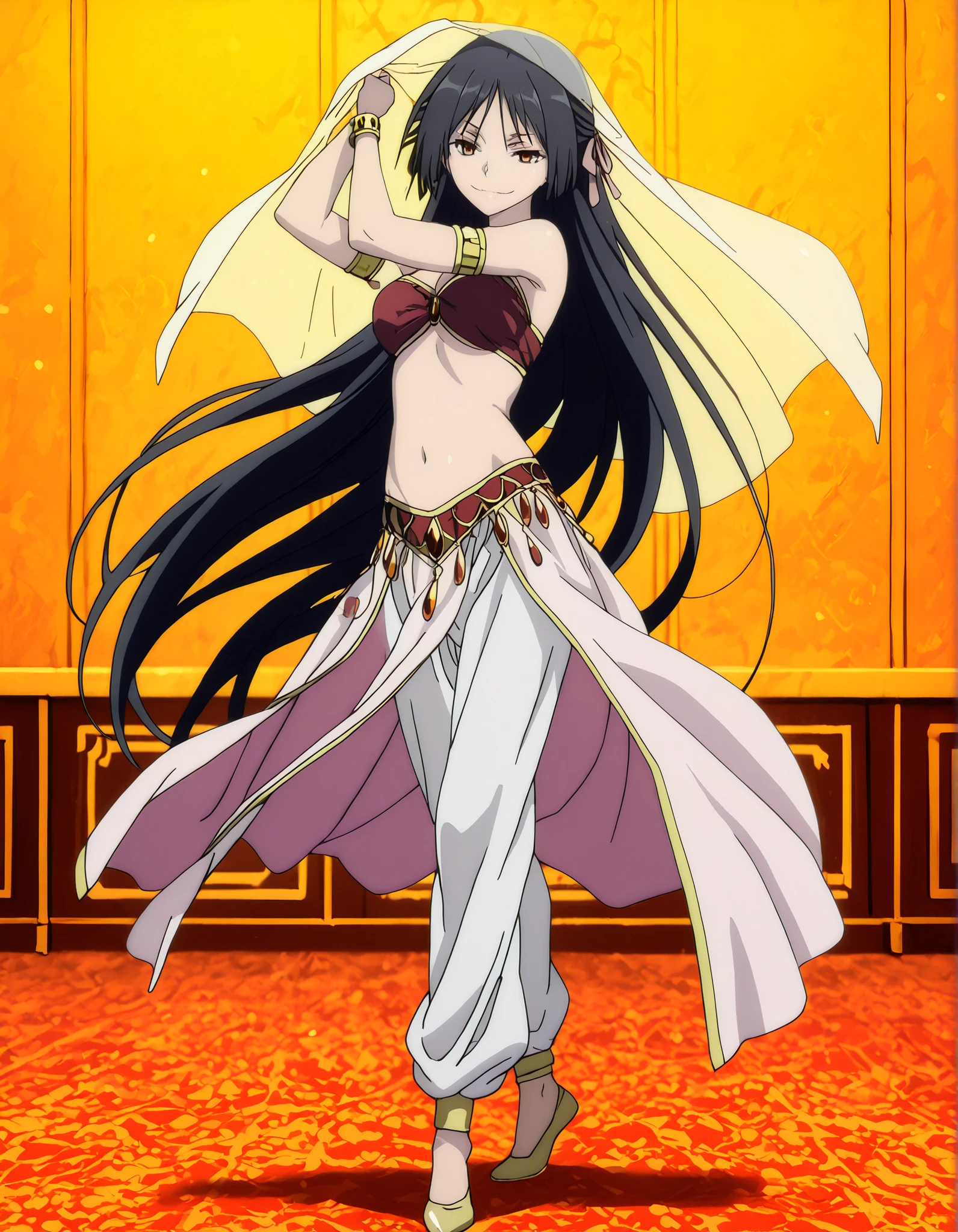 (1girl:1 . 5) , (Seul:1 . 5) , score_9 , score_8_haut , score_7_haut , source_anime , Official work , ultra-detailed , masterpiece , better quality , high resolution , beaux yeux , detailed eyes , Detailed face , beautiful detailed eyes,long hair, black hair, brown eyes, very long hair, hair ribbon,Trinity Seven,Akio Fudou,Arabian Clothes , Arabian Dancer Outfit ,belly dancer costume,belly dancer outfit ,full body,golden jewelery,armlet, belly dancing,arabian garden,seductive smile, dancing with veil, dynamic movement,dance posture, seductive pose