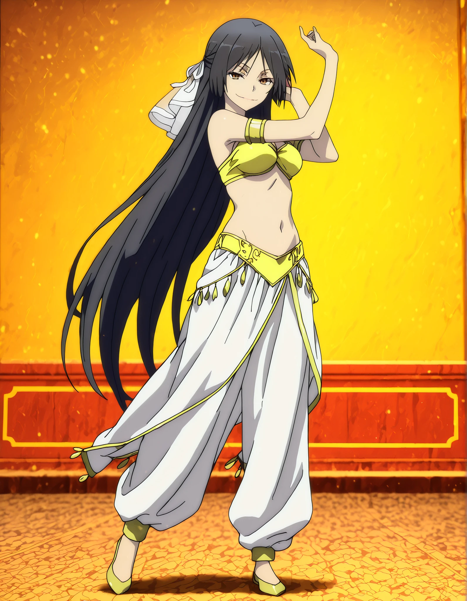 (1girl:1 . 5) , (Seul:1 . 5) , score_9 , score_8_haut , score_7_haut , source_anime , Official work , ultra-detailed , masterpiece , better quality , high resolution , beaux yeux , detailed eyes , Detailed face , beautiful detailed eyes,long hair, black hair, brown eyes, very long hair, hair ribbon,Trinity Seven,Akio Fudou,Arabian Clothes , Arabian Dancer Outfit ,belly dancer costume,belly dancer outfit ,full body,golden jewelery,armlet, belly dancing,arabian garden,seductive smile, dancing with veil, dynamic movement,dance posture, seductive pose