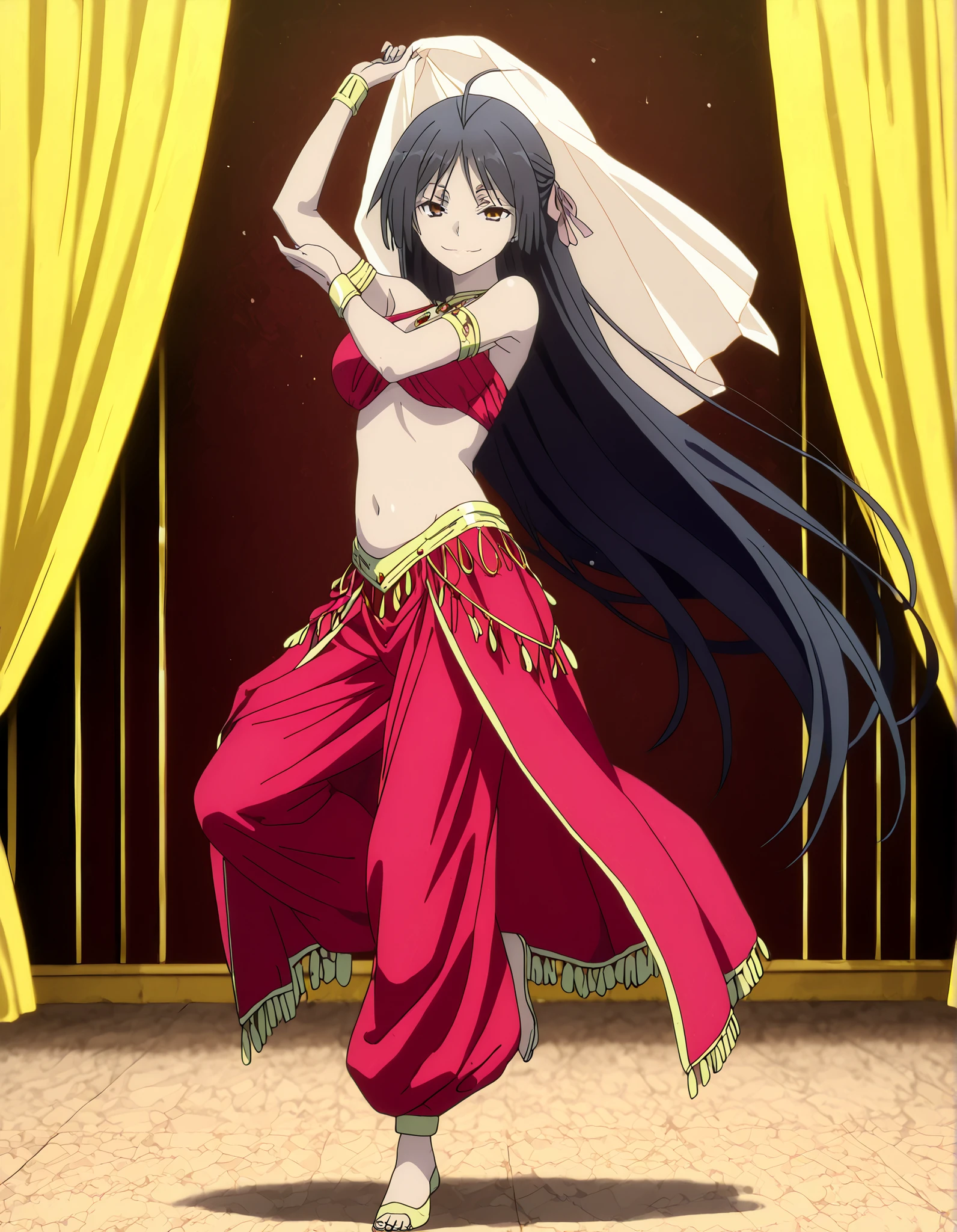 (1girl:1 . 5) , (Seul:1 . 5) , score_9 , score_8_haut , score_7_haut , source_anime , Official work , ultra-detailed , masterpiece , better quality , high resolution , beaux yeux , detailed eyes , Detailed face , beautiful detailed eyes,long hair, black hair, brown eyes, very long hair, hair ribbon,Trinity Seven,Akio Fudou,Arabian Clothes , Arabian Dancer Outfit ,belly dancer costume,belly dancer outfit ,full body,golden jewelery,armlet, belly dancing,arabian garden,seductive smile, dancing with veil, dynamic movement,dance posture, seductive pose
