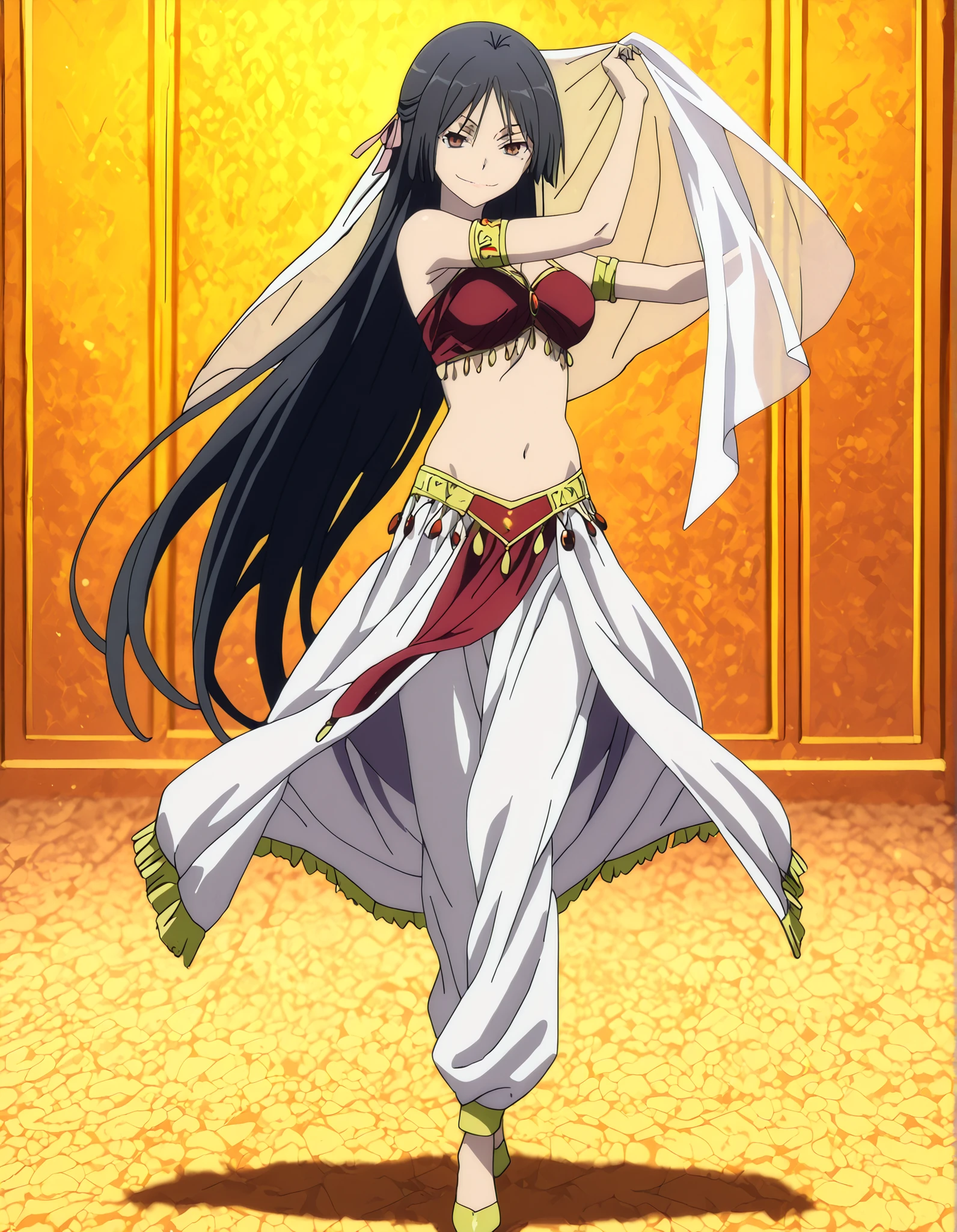 (1girl:1 . 5) , (Seul:1 . 5) , score_9 , score_8_haut , score_7_haut , source_anime , Official work , ultra-detailed , masterpiece , better quality , high resolution , beaux yeux , detailed eyes , Detailed face , beautiful detailed eyes,long hair, black hair, brown eyes, very long hair, hair ribbon,Trinity Seven,Akio Fudou,Arabian Clothes , Arabian Dancer Outfit ,belly dancer costume,belly dancer outfit ,full body,golden jewelery,armlet, belly dancing,arabian garden,seductive smile, dancing with veil, dynamic movement,dance posture, seductive pose