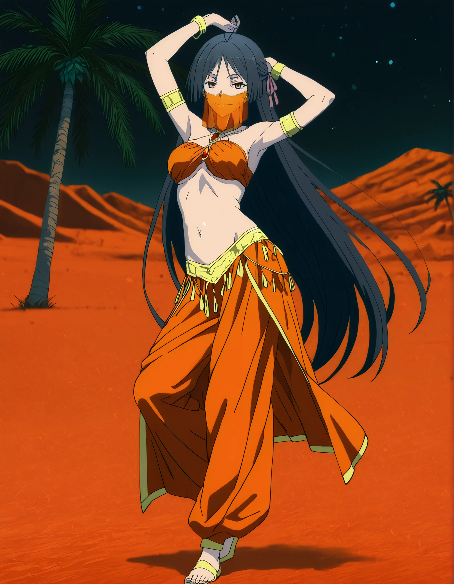 (1girl:1 . 5) , (Seul:1 . 5) , score_9 , score_8_haut , score_7_haut , source_anime , Official work , ultra-detailed , masterpiece , better quality , high resolution , beaux yeux , detailed eyes , Detailed face , beautiful detailed eyes,long hair, black hair, brown eyes, very long hair, hair ribbon,Trinity Seven,Akio Fudou,Arabian Clothes , Arabian Dancer Outfit ,belly dancer costume,belly dancer outfit ,full body,golden jewelery,mouth veil,armlet, belly dancing,night,desert lands,palm tree,seductive smile, dancing with veil, dynamic movement,dance posture, seductive pose