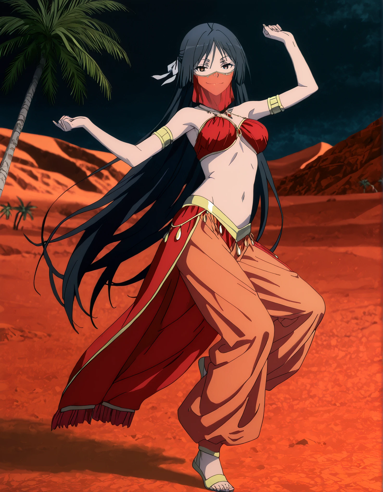 (1girl:1 . 5) , (Seul:1 . 5) , score_9 , score_8_haut , score_7_haut , source_anime , Official work , ultra-detailed , masterpiece , better quality , high resolution , beaux yeux , detailed eyes , Detailed face , beautiful detailed eyes,long hair, black hair, brown eyes, very long hair, hair ribbon,Trinity Seven,Akio Fudou,Arabian Clothes , Arabian Dancer Outfit ,belly dancer costume,belly dancer outfit ,full body,golden jewelery,mouth veil,armlet, belly dancing,night,desert lands,palm tree,seductive smile, dancing with veil, dynamic movement,dance posture, seductive pose