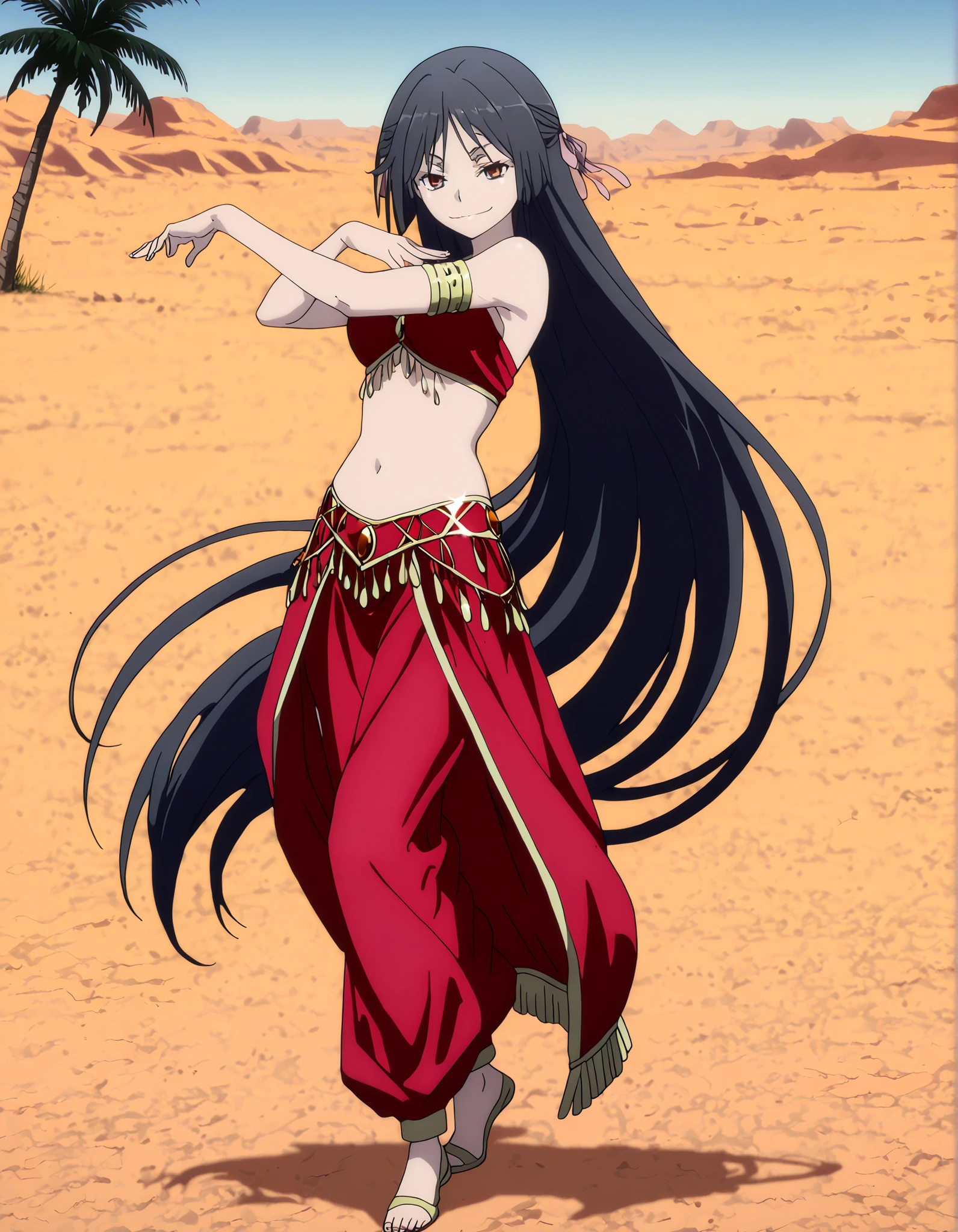 (1girl:1 . 5) , (Seul:1 . 5) , score_9 , score_8_haut , score_7_haut , source_anime , Official work , ultra-detailed , masterpiece , better quality , high resolution , beaux yeux , detailed eyes , Detailed face , beautiful detailed eyes,long hair, black hair, brown eyes, very long hair, hair ribbon,Trinity Seven,Akio Fudou,Arabian Clothes , Arabian Dancer Outfit ,belly dancer costume,belly dancer outfit ,full body,golden jewelery,armlet, belly dancing,desert lands,palm tree,seductive smile, dancing with veil, dynamic movement,dance posture, seductive pose
