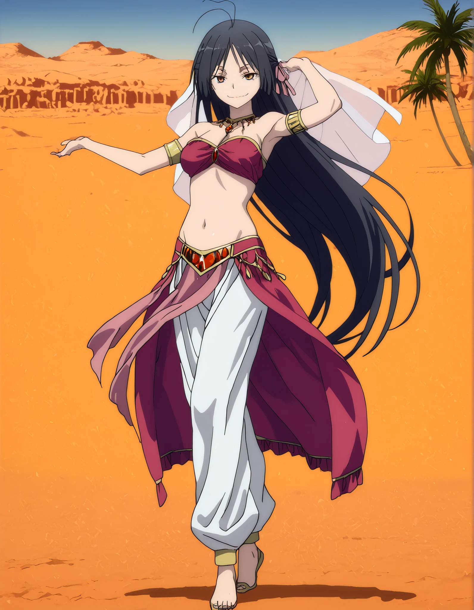 (1girl:1 . 5) , (Seul:1 . 5) , score_9 , score_8_haut , score_7_haut , source_anime , Official work , ultra-detailed , masterpiece , better quality , high resolution , beaux yeux , detailed eyes , Detailed face , beautiful detailed eyes,long hair, black hair, brown eyes, very long hair, hair ribbon,Trinity Seven,Akio Fudou,Arabian Clothes , Arabian Dancer Outfit ,belly dancer costume,belly dancer outfit ,full body,golden jewelery,armlet, belly dancing,desert lands,palm tree,seductive smile, dancing with veil, dynamic movement,dance posture, seductive pose