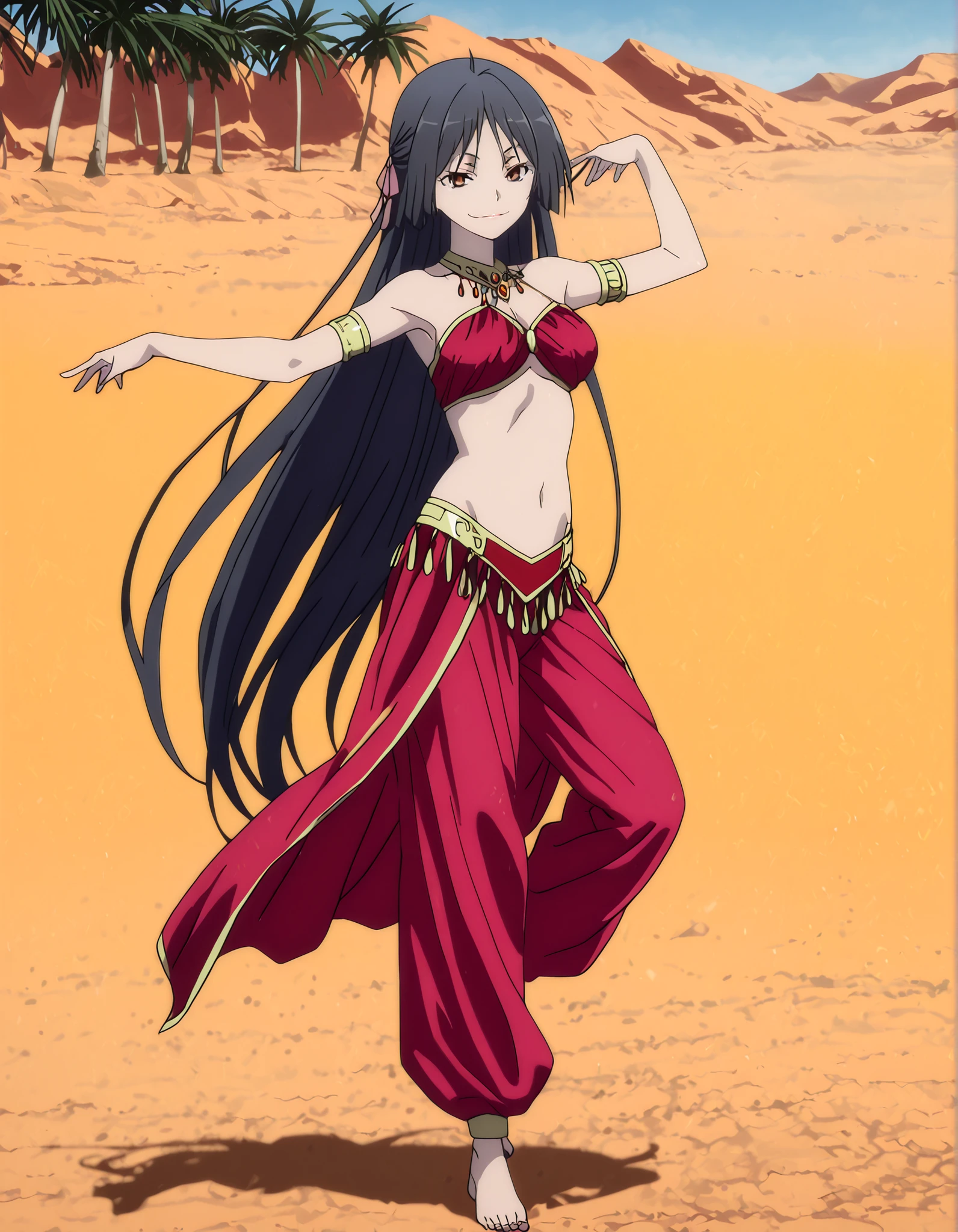 (1girl:1 . 5) , (Seul:1 . 5) , score_9 , score_8_haut , score_7_haut , source_anime , Official work , ultra-detailed , masterpiece , better quality , high resolution , beaux yeux , detailed eyes , Detailed face , beautiful detailed eyes,long hair, black hair, brown eyes, very long hair, hair ribbon,Trinity Seven,Akio Fudou,Arabian Clothes , Arabian Dancer Outfit ,belly dancer costume,belly dancer outfit ,full body,golden jewelery,armlet, belly dancing,desert lands,palm tree,seductive smile, dancing with veil, dynamic movement,dance posture, seductive pose
