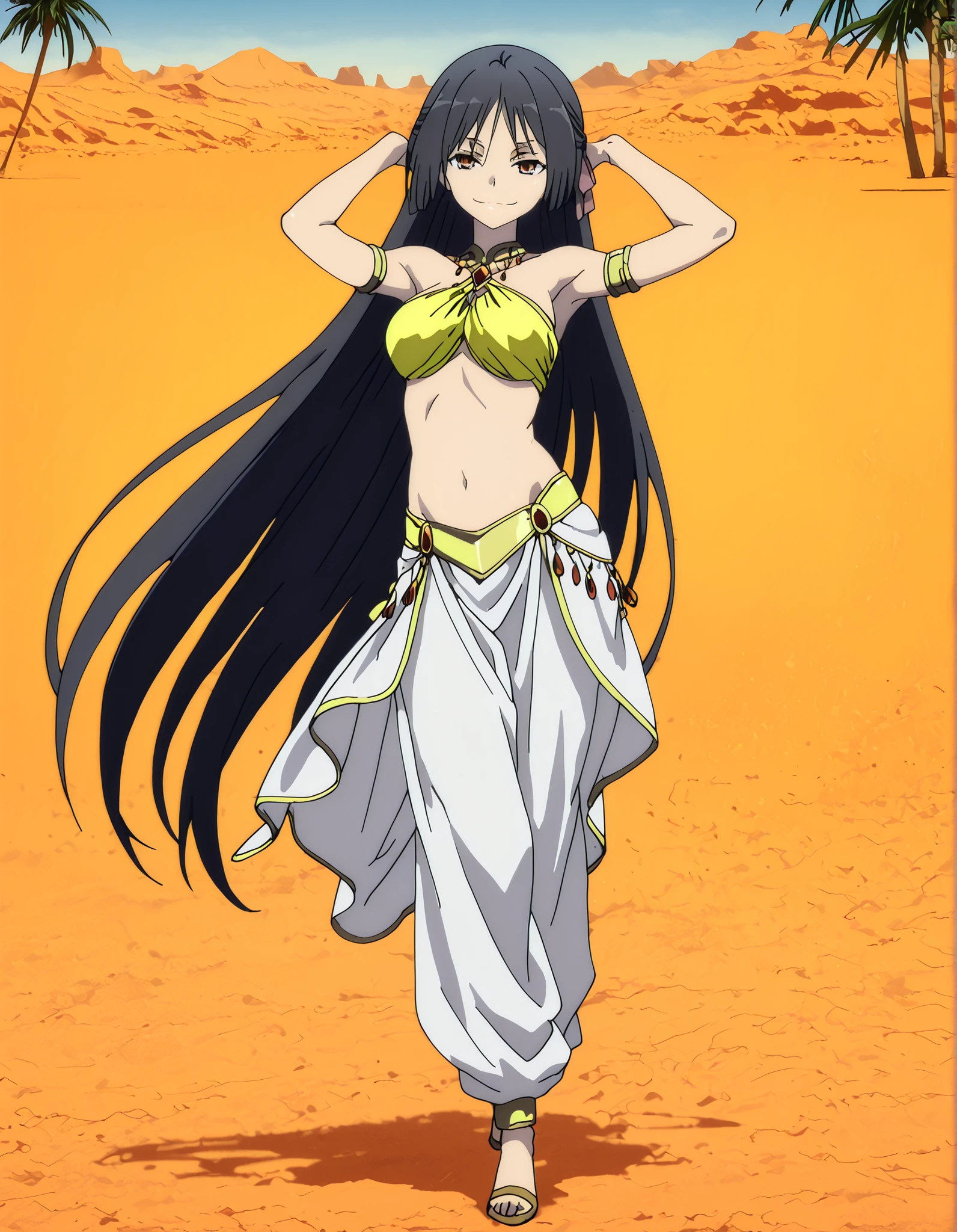 (1girl:1 . 5) , (Seul:1 . 5) , score_9 , score_8_haut , score_7_haut , source_anime , Official work , ultra-detailed , masterpiece , better quality , high resolution , beaux yeux , detailed eyes , Detailed face , beautiful detailed eyes,long hair, black hair, brown eyes, very long hair, hair ribbon,Trinity Seven,Akio Fudou,Arabian Clothes , Arabian Dancer Outfit ,belly dancer costume,belly dancer outfit ,full body,golden jewelery,armlet, belly dancing,desert lands,palm tree,seductive smile, dancing with veil, dynamic movement,dance posture, seductive pose