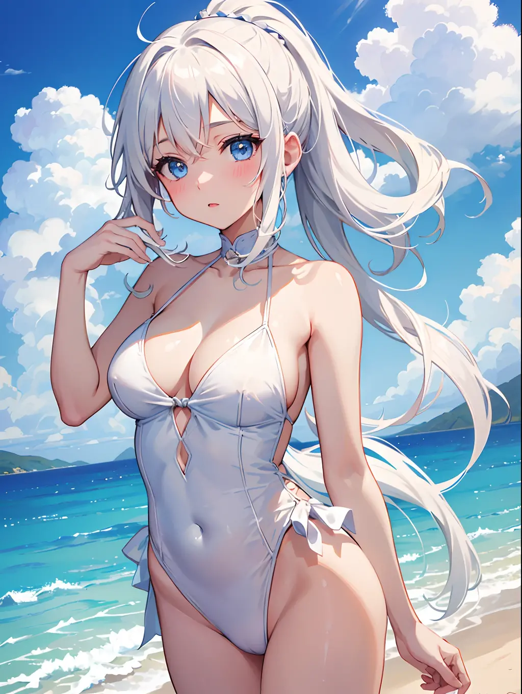 Girl: Two rabbit ears, White hair, bow, White skirt, White top, Look at me with a shy expression,nedium breasts,cleavage,sea beach,Swimsuit translucent,Protruding 