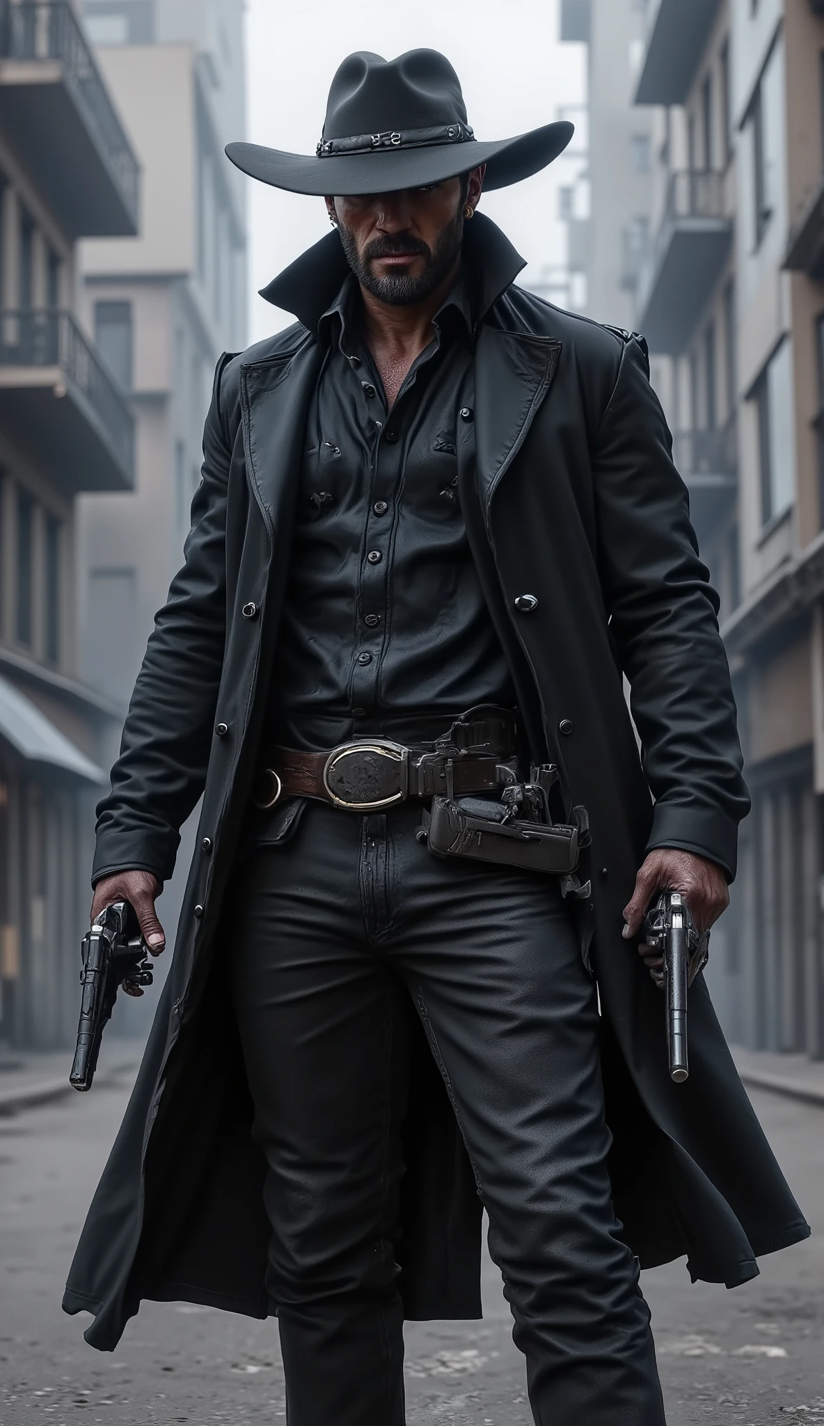 A lone gunslinger standing in the middle of an empty modern city street, surrounded by tall skyscrapers fading into a pale, misty sky. He wears a long, dark leather coat flowing slightly in the wind, a fitted black shirt, tactical belt, and dark trousers. In each hand, he holds a revolver with a firm, ready stance. His expression is intense and focused, exuding confidence and inner strength. Add a wide-brimmed black hat to his outfit, completing his look as a legendary outlaw. The atmosphere is cinematic and moody, with cool gray and steel-blue tones, subtle light rays filtering through the fog, and dramatic contrast emphasizing the character’s silhouette. Ultra-realistic, 16:9 format, no text or captions.