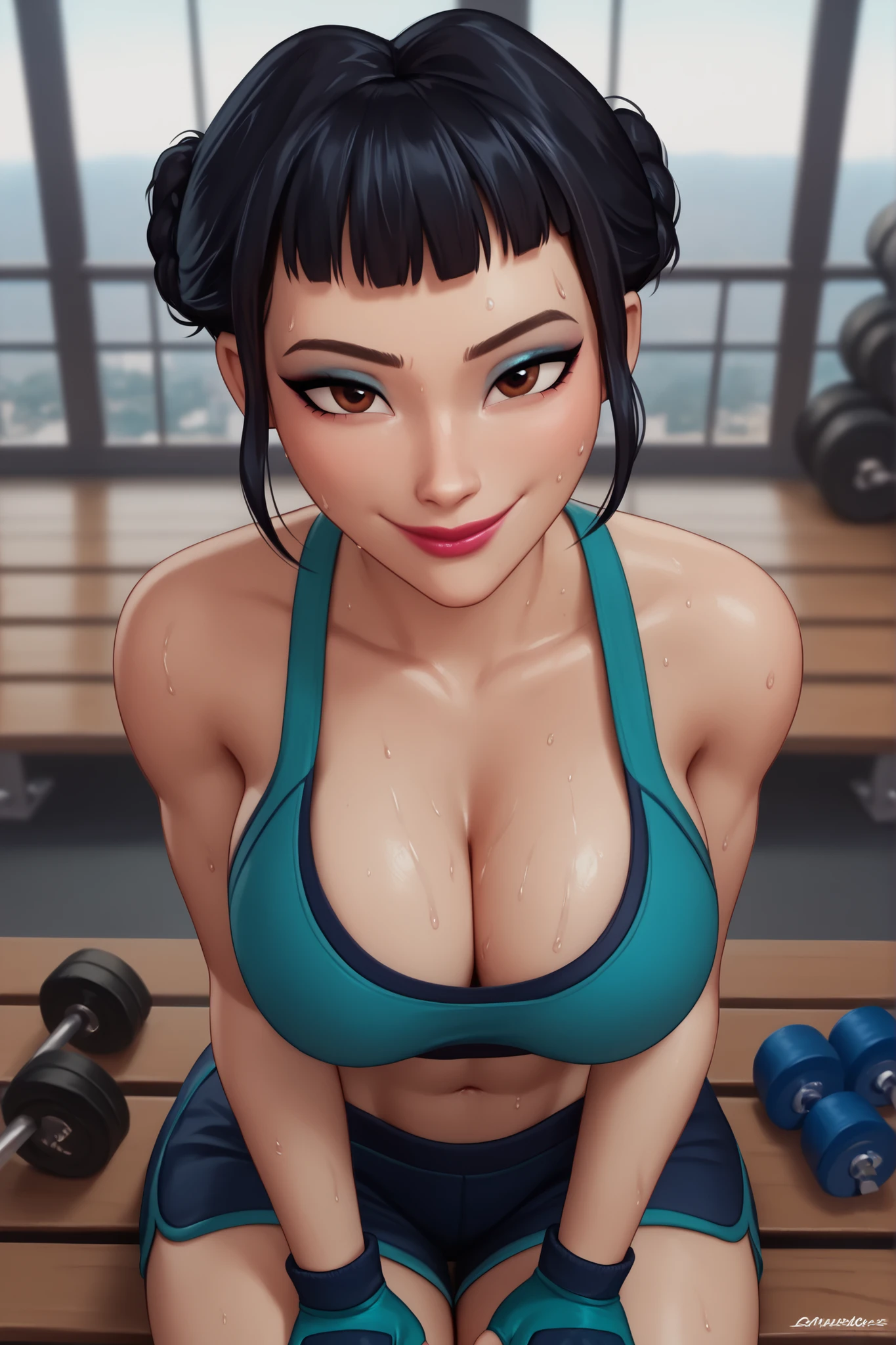 BREAK, score_6_up, score_7_up, score_8_up, score_9, 1girl, solo, kpdh_z0ey, black hair, short hair, hair bun, brown eyes, blunt bangs, lipstick, makeup, official KPop Demon Hunters aesthetic, , busty, cleavage, curvy, athletic, looking at viewer, seducing viewer, teasing viewer, expression, smiling, closed mouth, bedroom eyes, blue sports bra, black gym shorts, blue fingerless gloves, indoors, gym, sitting on bench, closeup, portrait, upper body, high-angle view, blue eyeshadow, sweaty, sweat drops