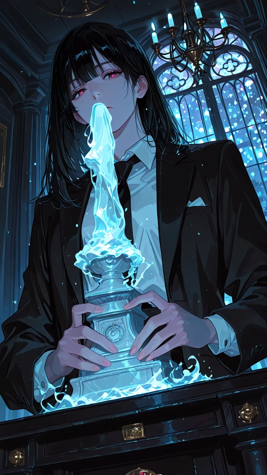 High-definition photorealistic reflections, glowing bokeh, atmospheric lighting, captivating—shot with the Nikon Z7 II mirrorless camera. High-definition eyes and faces, detailed features, 8K, ultra-high definition), (Anime-style, high-definition eyes and face), (Anime-style, illustration emphasizing facial details), Complex details, Mysterious atmosphere, Enchanting ambiance, Dark effects, Soft shadows, Dark color palette, Female auctioneer in her early 20s with a petite build and androgynous features, Black medium-length hair, Bangs partially covering the face.
Sharp gaze, dark-colored eyes.
Sharp, cold, mysterious aura.
(Wearing a tuxedo with a black tie). An auction podium stands before her, (she stands with both hands resting on the podium in front), depicting subtle movements, (low-angle shot from the audience's perspective), Dutch angle, hip-high frame, (auction hall), bokeh and the light from the ceiling chandelier blend beautifully. Cold and eerie.
An expressionless face or one bearing a slight sneer.