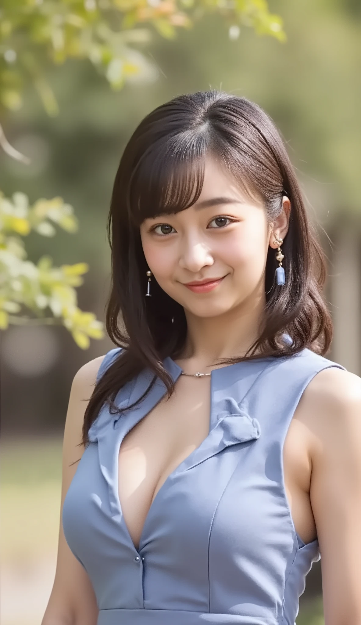 shot with a Canon EOS R5, 50mm lens, f/2.8 apertur、実写、(masterpiece,best quality:1.4)、high res、raw photo、shiny skin、detailed breast、Japanese idol、20 years old、、最高品質、超高解像度、8K、breasts out、(胸の谷間を強調:1.5)、笑顔、黒髪、straight hair、shoulder length hair、Blunt Bangs、hime cut、shaggy、shiny hair、medium-sized breasts、delicate shoulders、Slender Body、slim arms、narrow waist、nipples、areolas、Black skater skirt、midi skirt、micro mini skirt、