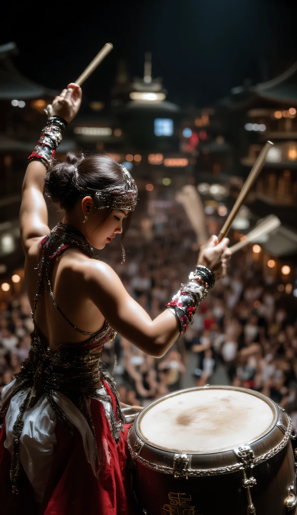 crjj, Cinematic high angle photography of young athletic Japanese woman playing taiko drums on wooden yagura tower at Bon Odori festival night, aerial view at 45 degree angle, woman standing beside the large odaiko drum,
side profile view, both arms raised high holding wooden bachi drumsticks, drumsticks actively hitting the drum surface, wearing sleeveless athletic tank top revealing toned muscular arms and shoulders, traditional hachimaki headband
