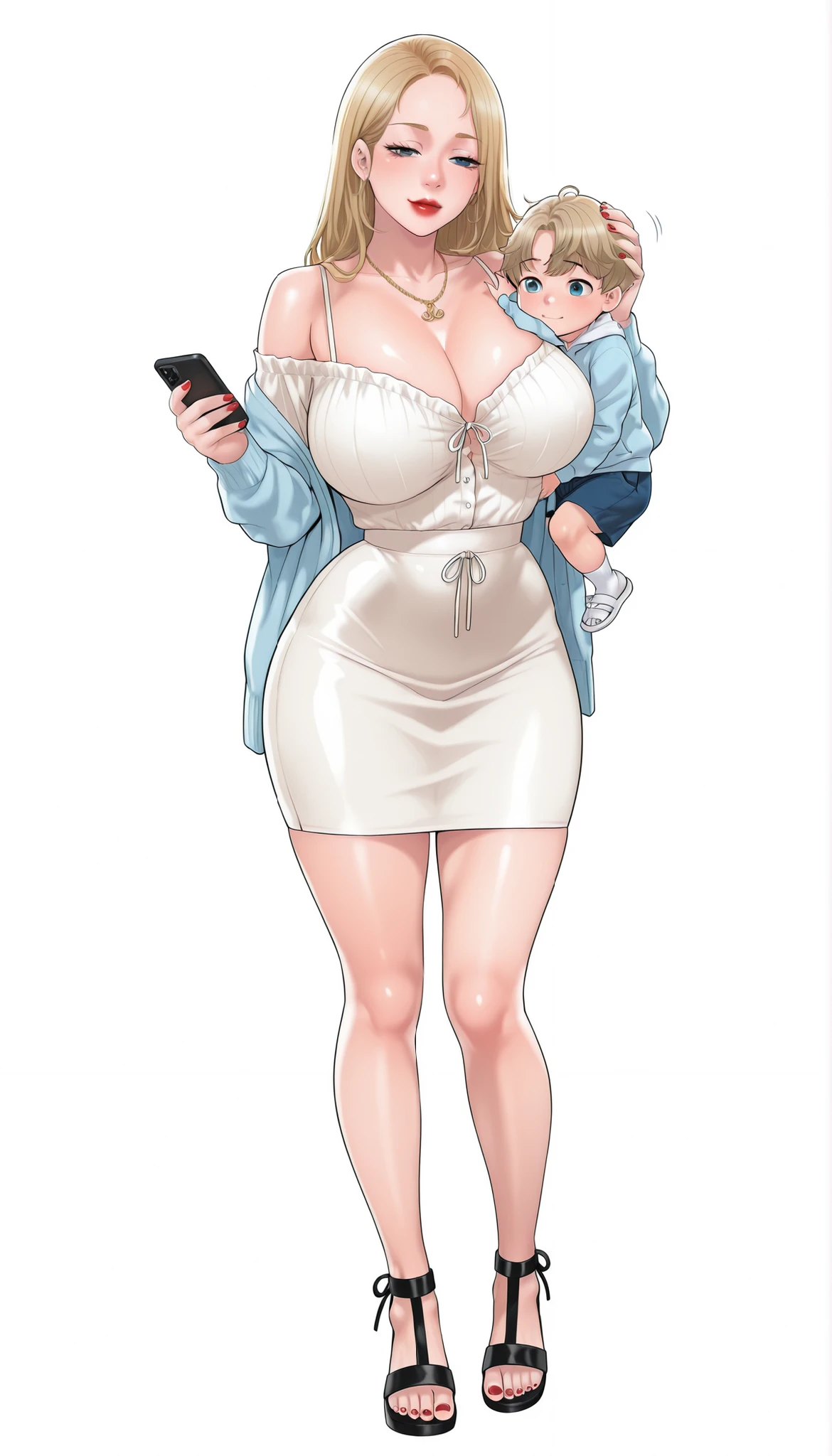 Yumi (New Town), a beautiful extremely sexy woman with long glowy sleek yellow-blonde hair, light-blue eyes, bimbo plump round red lips, bright red nails, extremely fair white glowy skin, a cinched small tight narrow waist, an hourglass figure, big breasts, a small tight cinched waist, and a sexy voluptuous-curvy body. She's wearing a revealing mini short tight white dress with spaghetti straps and a V-neckline, a separate front-open unbuttoned baggy light-blue cardigan worn in an off-shoulder style over the dress, one ribbon tied in her hair, a gold necklace, full bare legs, and strappy ankle tall black sandals. She's standing straight, keeping one hand on her little son's head, holding one phone in her other hand, narrowed eyes, soft smile, and a plain white empty background. Show her full body head to sandals, proper middle-waist level view, and super creative hyper-detailed.