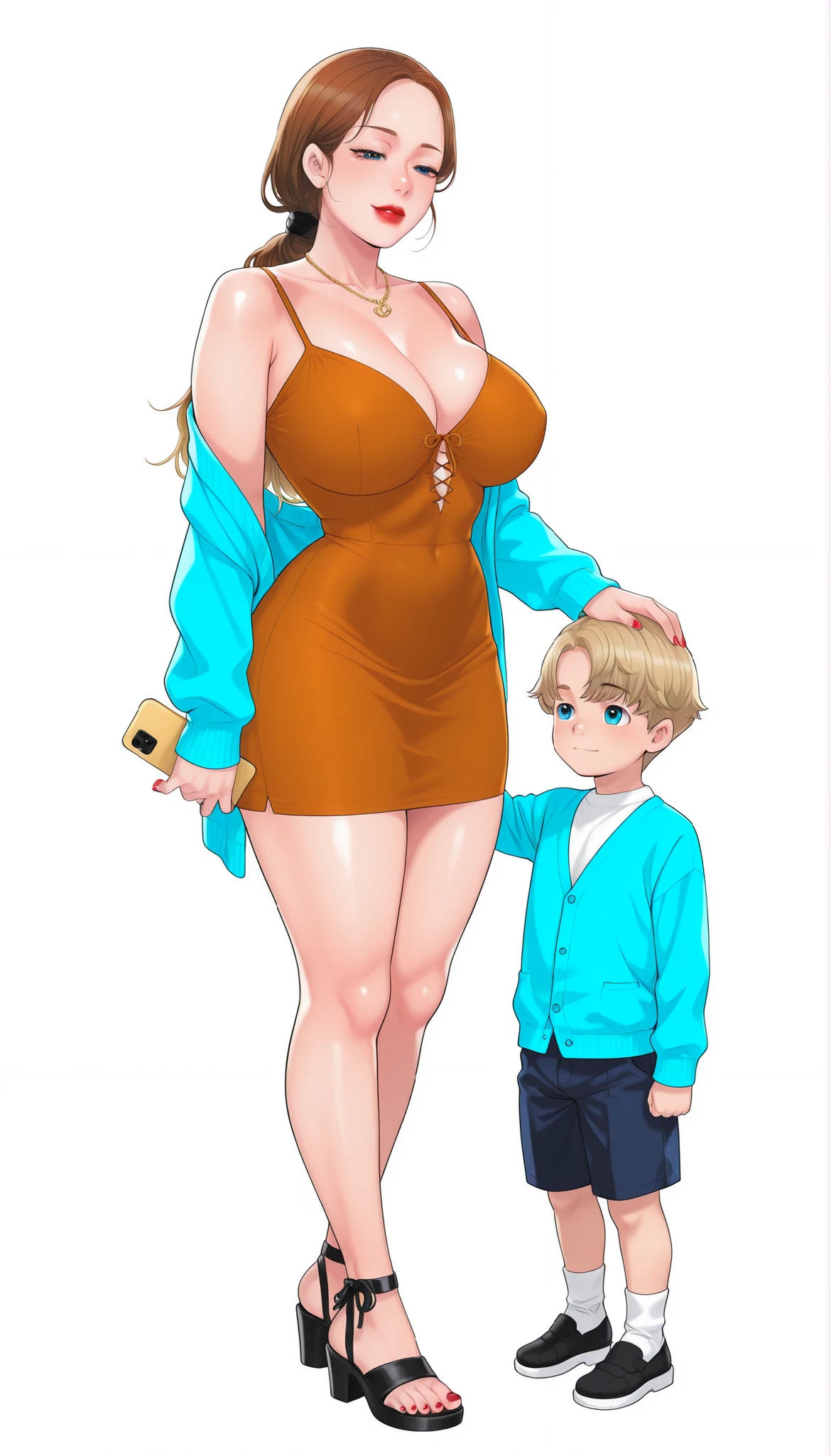 Yumi (New Town), a beautiful extremely sexy woman with long glowy sleek yellow-blonde hair, light-blue eyes, bimbo plump round red lips, bright red nails, extremely fair white glowy skin, a cinched small tight narrow waist, an hourglass figure, big breasts, a small tight cinched waist, and a sexy voluptuous-curvy body. She's wearing a revealing mini short tight light-brown dress with spaghetti straps and a V-neckline, a separate front-open unbuttoned baggy light-blue cardigan worn in an off-shoulder style over the dress, one ribbon tied in her hair, a gold necklace, full bare legs, and strappy ankle tall black sandals. She's standing straight, keeping one hand on her little son's head, holding one phone in her other hand, narrowed eyes, soft smile, and a plain white empty background. Show her full body head to sandals, proper middle-waist level view, and super creative hyper-detailed.