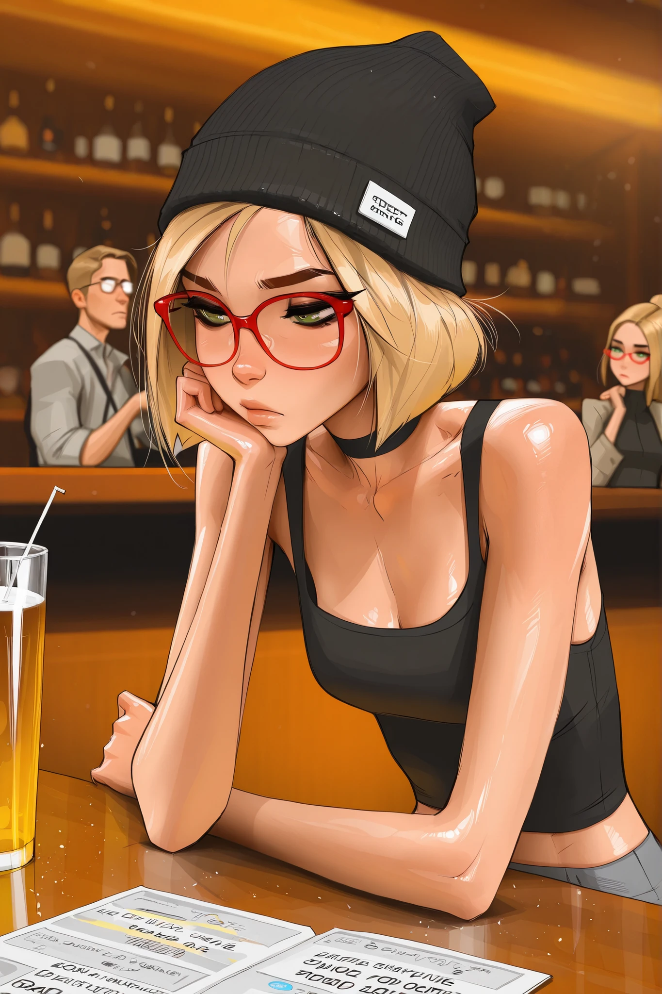 short hair, green eyes, blonde hair,  red rimmed glasses, masterpiece, best quality, very aesthetic, movie quality, depth of field,soft saturation, focused subject, ,official style, mature woman, 1girl, dark eyeliner,  high top beanie, (Darcy Redd), shirow masamune,  sam yang style,  oily skin,  1girl, small ,  big eyelashes, texting, bored, woman at a bar, drinking alcohol