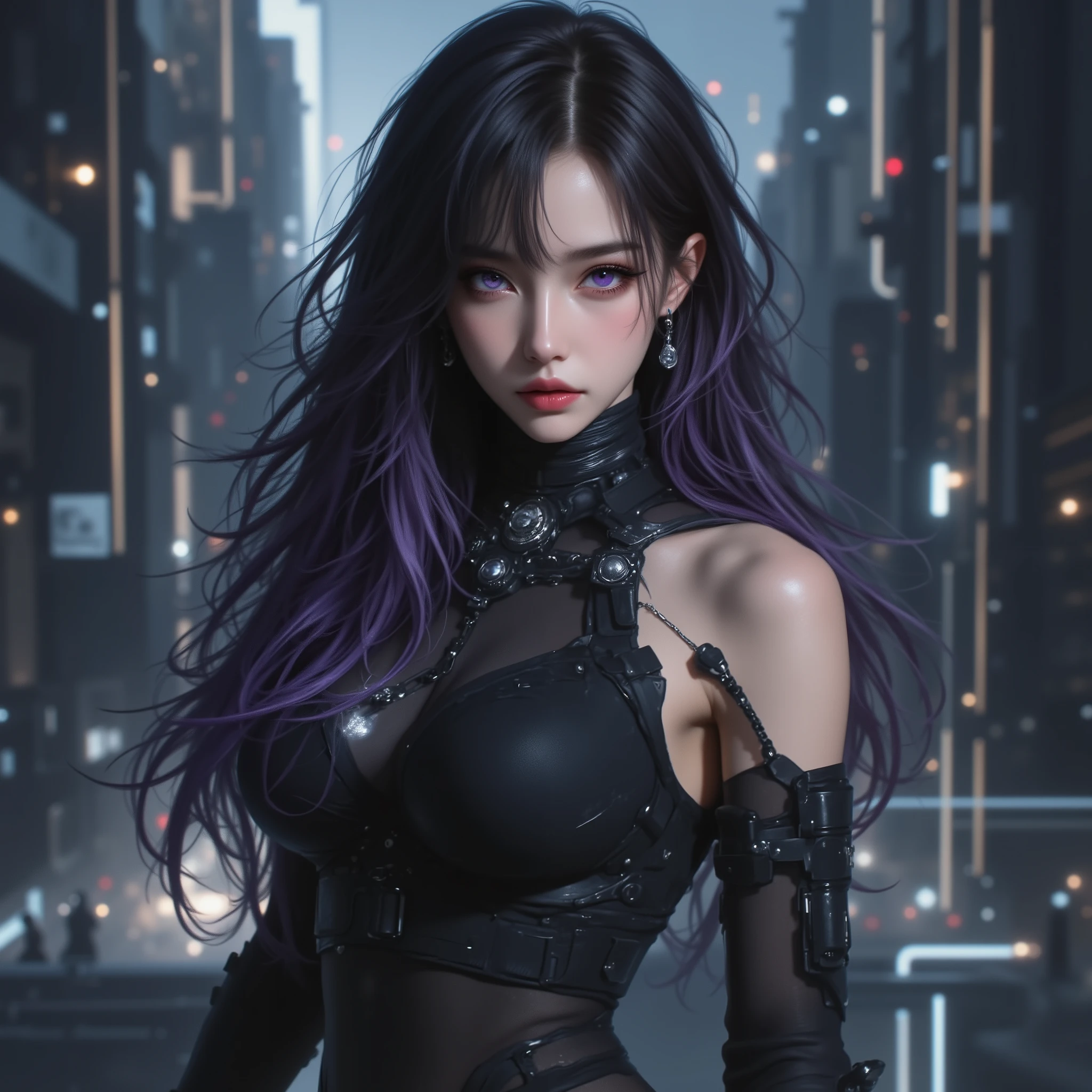 Photorealistic、Realistic Skin Textures、gun、extremely tight cyberpunk suit、beautiful long hair、dim cyberpunk city、Beautiful Thin Violet Eyes、Black hair with slightly purple tips、高所から地面に着地してgunを向けて