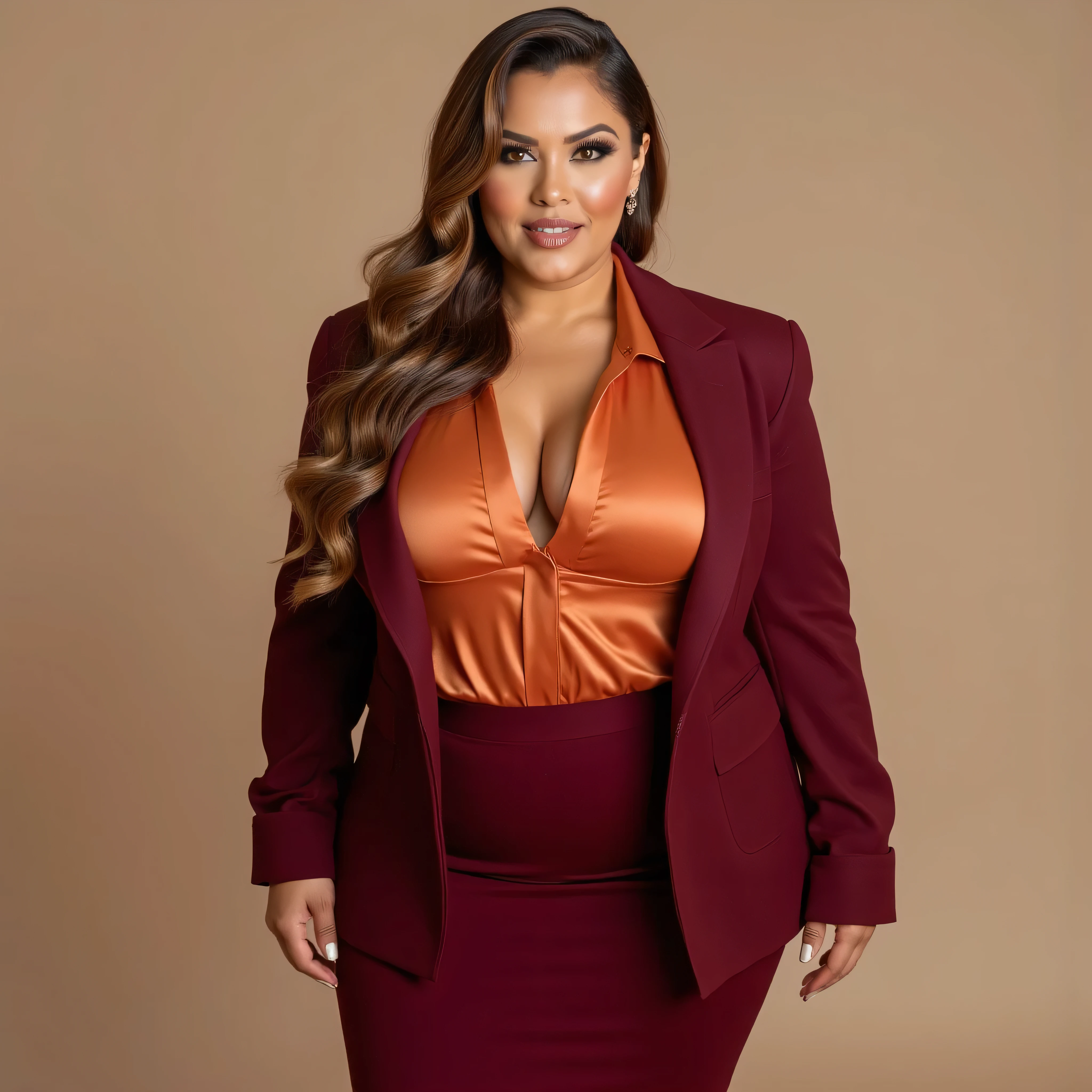 A realistic, high resolution photograph of a tall, beautiful Latina woman in her 40's; full body frontal view facing the camera with her arms at her side, looking at the camera. There is extra space in the photo above her head. She has curvy, Amazonian, fashion model figure with large rounded, uplifted breasts, very large hips, and a medium waist. She has very long wavy honey brown hair with a sweeping side part. She has a perfect, beautiful face, a small nose, and a short, thick neck. She has amber eyes and a beige complexion. Her lips are closed and she has a somewhat mischievous smirk. She is wearing a dull orange collared satin blouse, a dark red polyester woman's blazer and a matching dark red polyester skirt. The rounds of her breasts are well defined beneath her clothing and you can see some cleavage. There is no one else in the photo. There is extra space above the subject’s head and centered composition — suitable for magazine-style layout or cinematic framing.