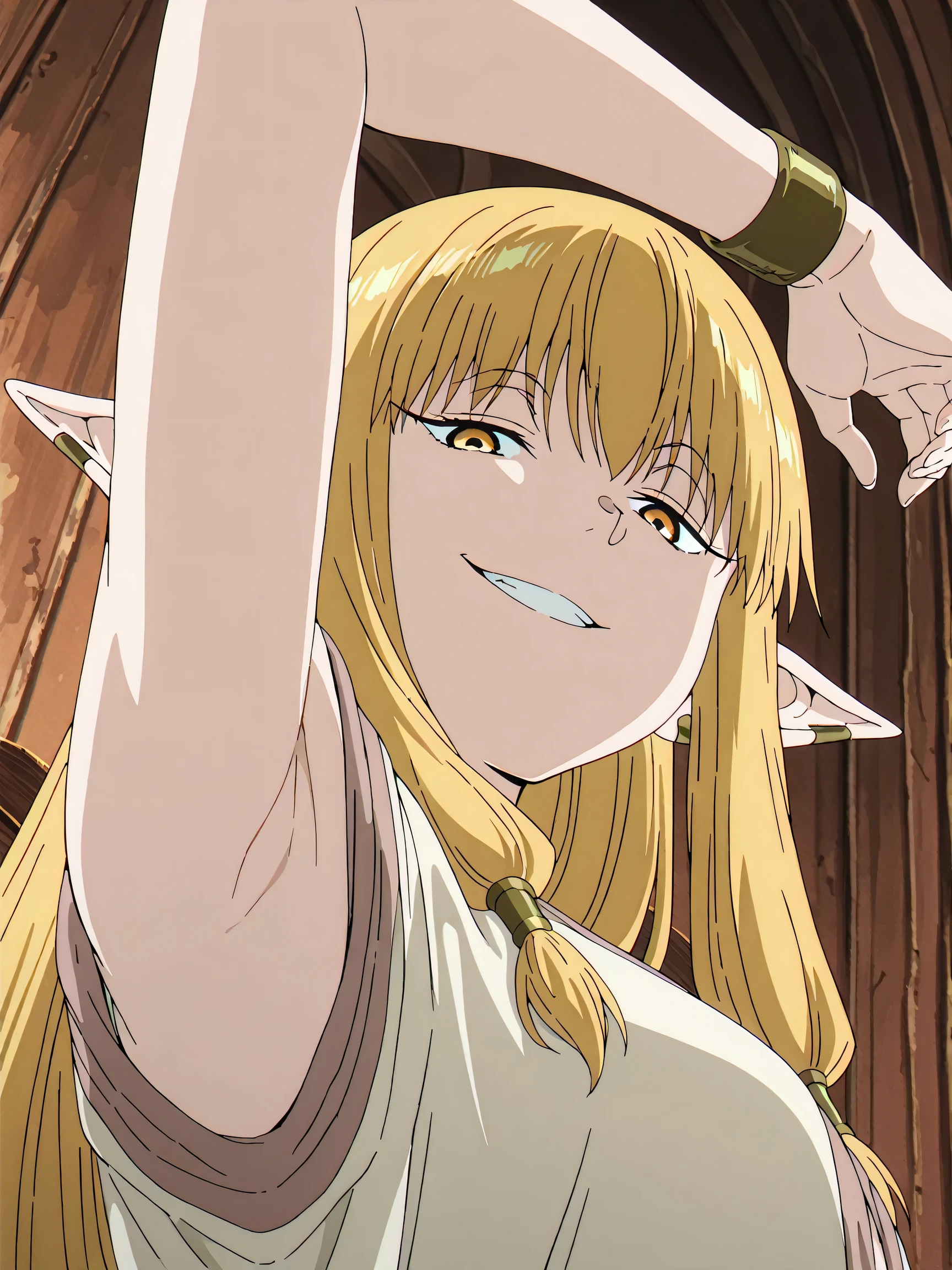 masterpiece, best quality, amazing quality, anime screencap, anime coloring, 1girl, solo, selie, long hair, blonde hair, pointy ears, earrings, yellow eyes, tsurime, hair tube, low-tied sidelocks, white robe, bare arms, selie shirt, bracelet, medium breasts, arm up, raised arm, armpit, armpit focus, head towards viewer, looking at viewer, evil smile, smug, half-closed eyes, grin, teeth, from side, from below, armpit up close, close-up of armpit, looking down at viewr, sitting on a brown throne, inside a castle, dark brown walls