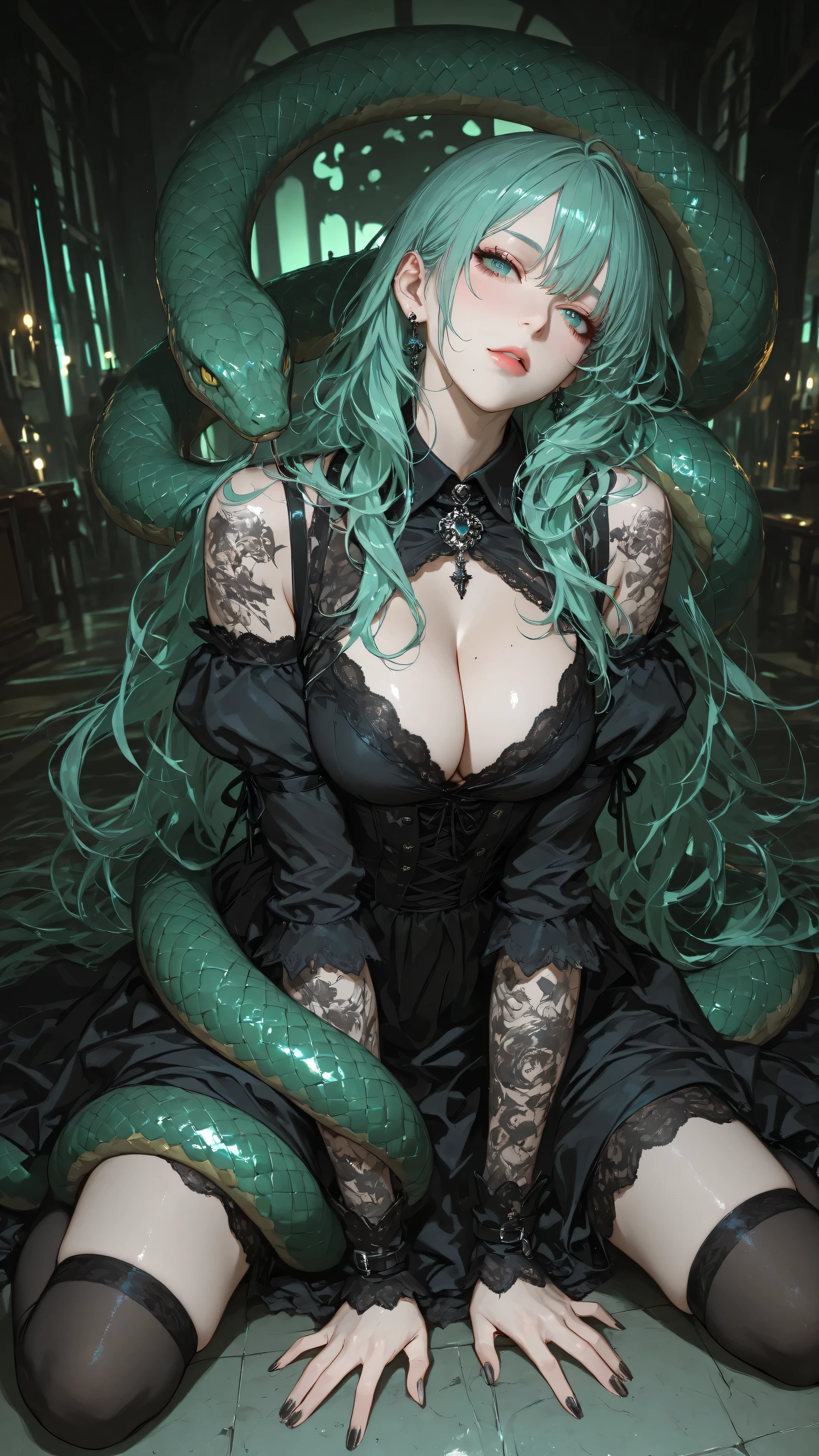 A fantasy illustration of a young woman with pale skin and long, flowing teal hair. She wears a dark, gothic-style dress with a low neckline, intricate lace-up detailing, and long sleeves. The woman has a slender build and is adorned with elaborate tattoo sleeves. A large, emerald green snake is wrapped around her, with its head resting near her own, creating a striking contrast of textures. She is positioned in a somewhat kneeling position, with her hands resting on the snake's coils. The scene is set within a dark, the action takes place in the auction hall, lit by a cool, green light that illuminates and casts shadows, giving the image a mystical and foreboding atmosphere. The composition focuses on the woman and the snake, drawing attention to their symbiotic relationship. The perspective is a medium shot, emphasizing the details of the subjects and their environment.