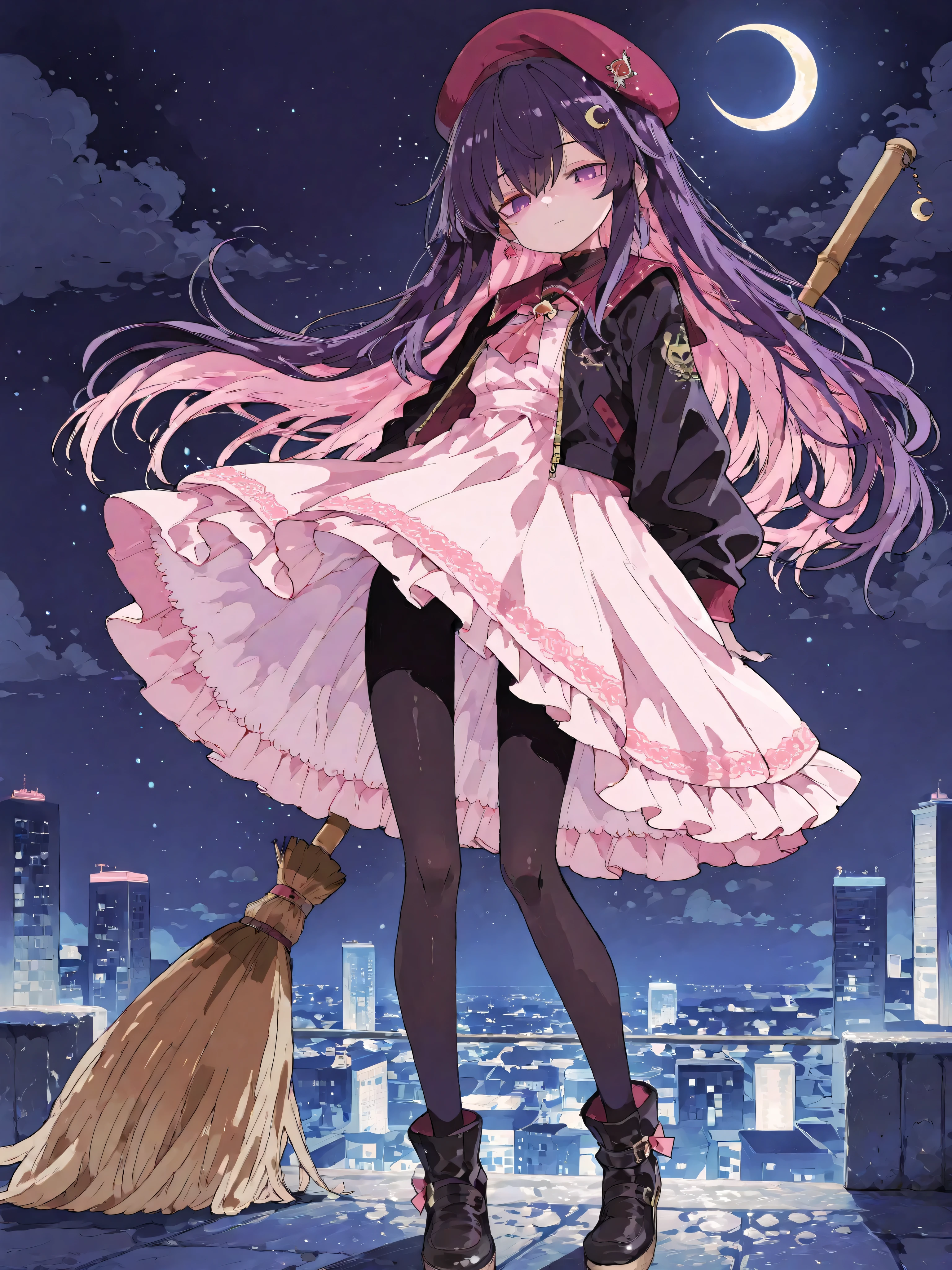 Slender and Petite Single Girl、Babyface、Narrow Eyes、beautiful eyes、 dark purple eyes、eyes like jewels、beautiful skin、light skin tone、other rooms、Straight Long Hair、beautiful dark hair、pink hair、crescent moon and star hairpin、Burgundy Beret、oversized black jacket、knee-length white ruffle dress、black tights、flying through the night sky with a magic broom、long hair fluttering in the wind、Dark night sky、city lights spreading underfoot、Night View of a Shining City、cities dotted with neon lights、Starry Skies Spread Out、Clouds illuminated by moonlight、Magical atmosphere、Aerial Viewpoint、Fantastic Expression of Light、blue sea continuing to the horizon、Pop style、masterpiece、Highest Quality、anime style